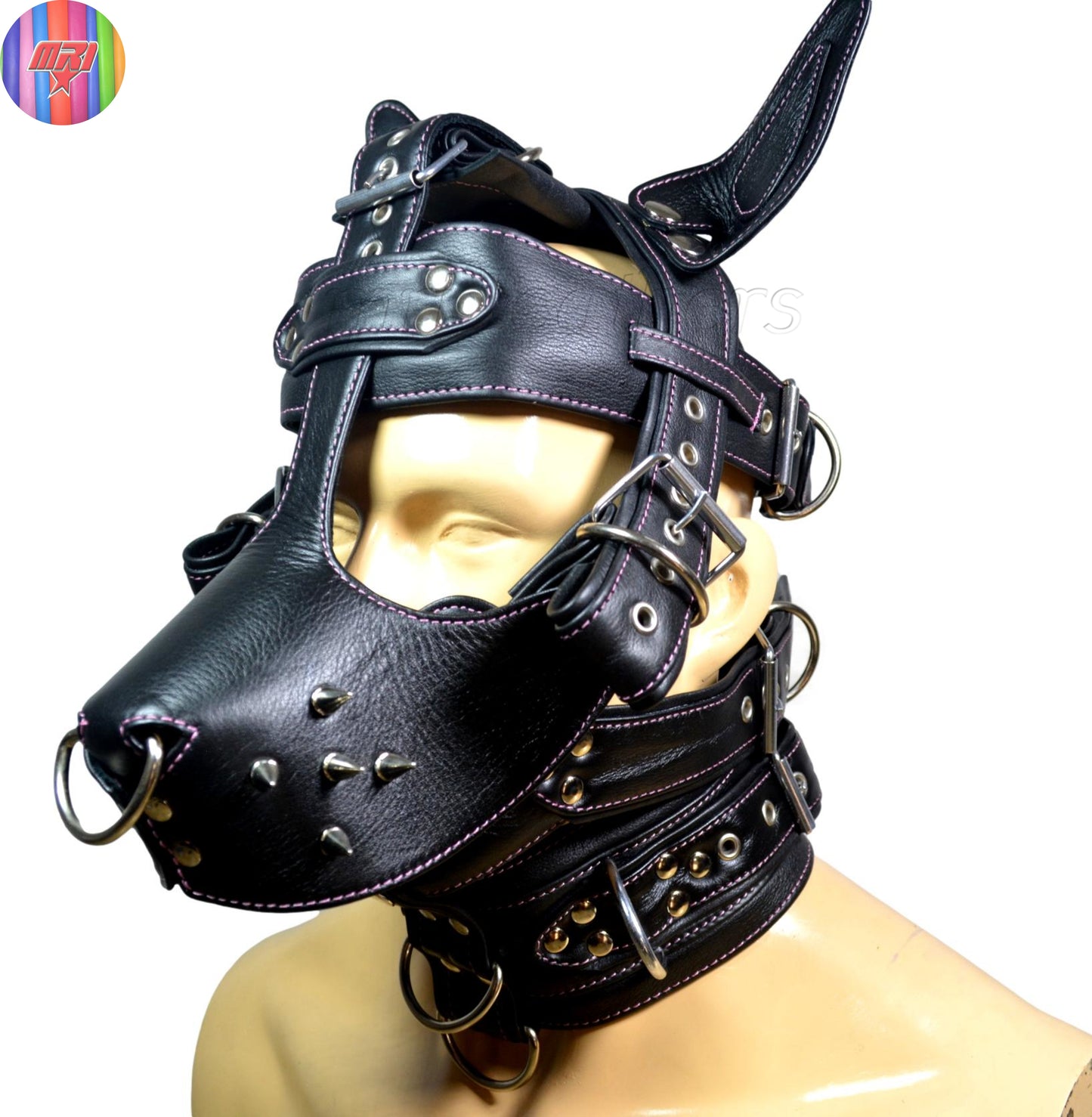 Black Leather Dog Muzzle Hood with Spikes & Silver Hardware Adjustable Puppy Play Mask