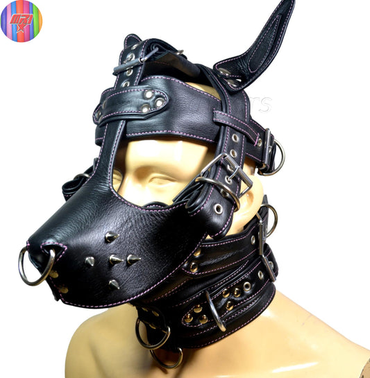 Black Leather Dog Muzzle Hood with Spikes & Silver Hardware  Adjustable Puppy Play Mask