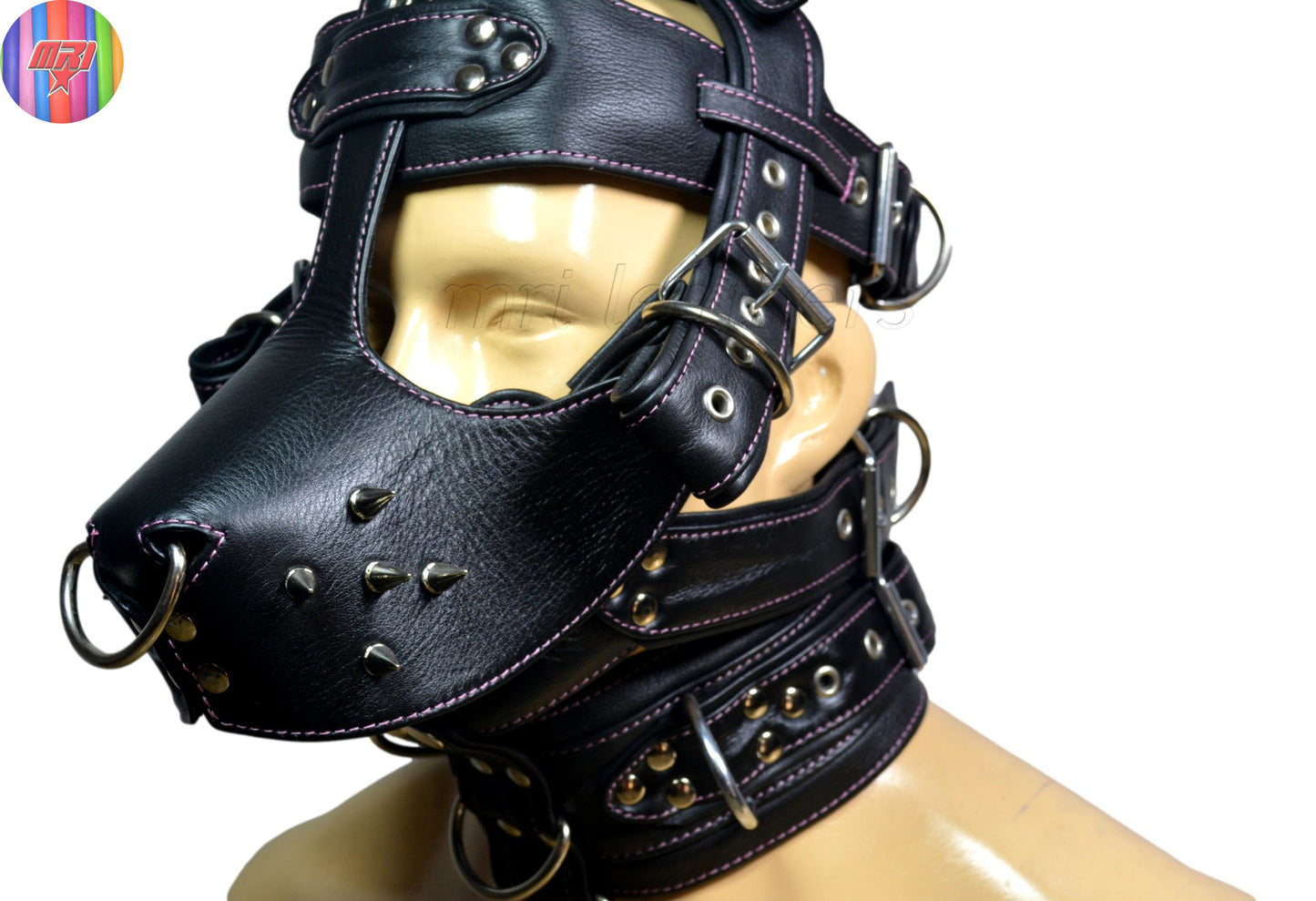Black Leather Dog Muzzle Hood with Spikes & Silver Hardware Adjustable Puppy Play Mask