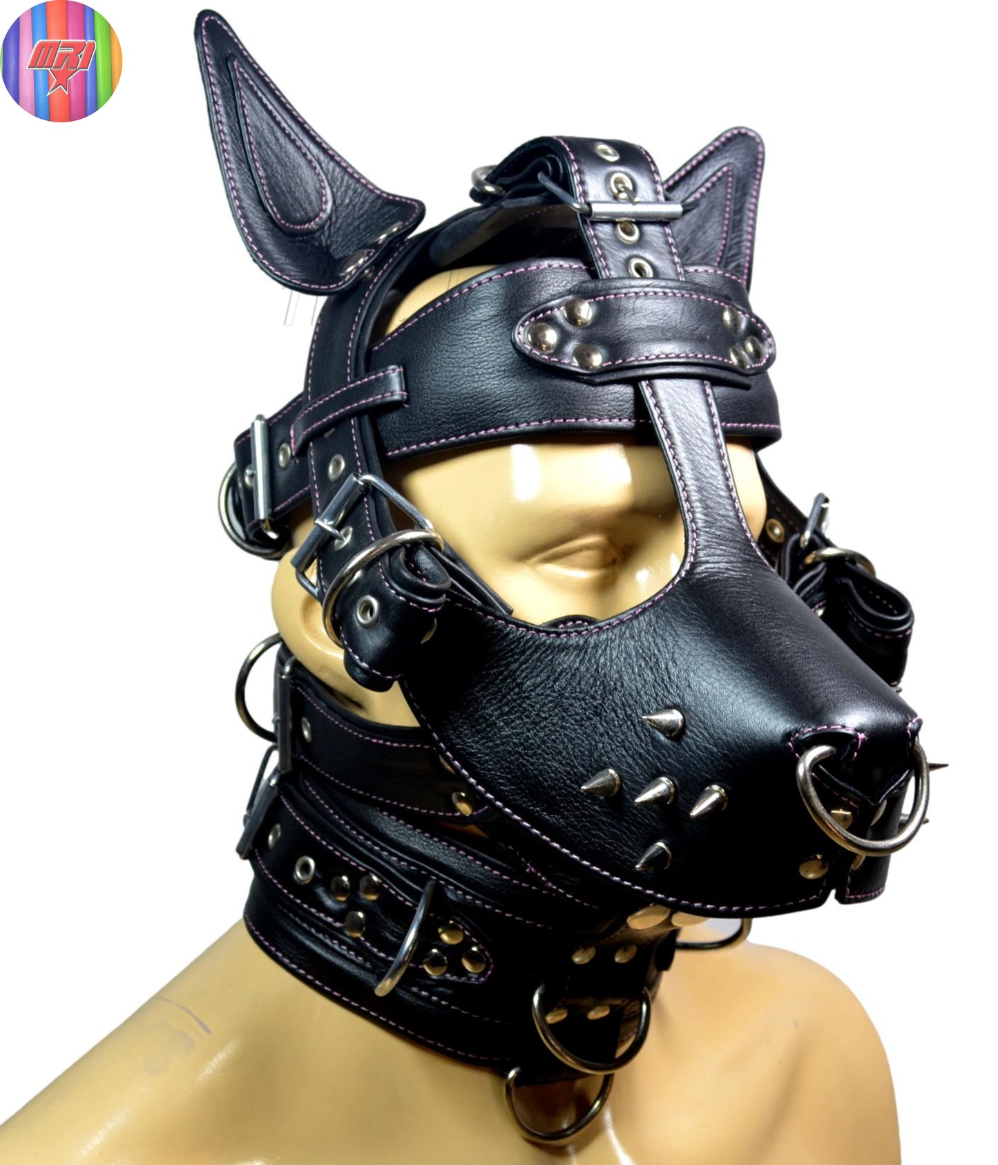Black Leather Dog Muzzle Hood with Spikes & Silver Hardware Adjustable Puppy Play Mask