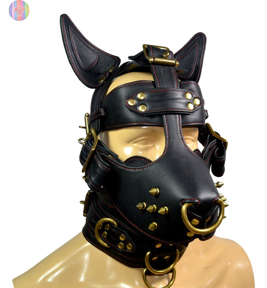 Black Leather Dog Muzzle Hood with Spikes & Brass Hardware Adjustable Puppy Play Mask - MRI Leathers