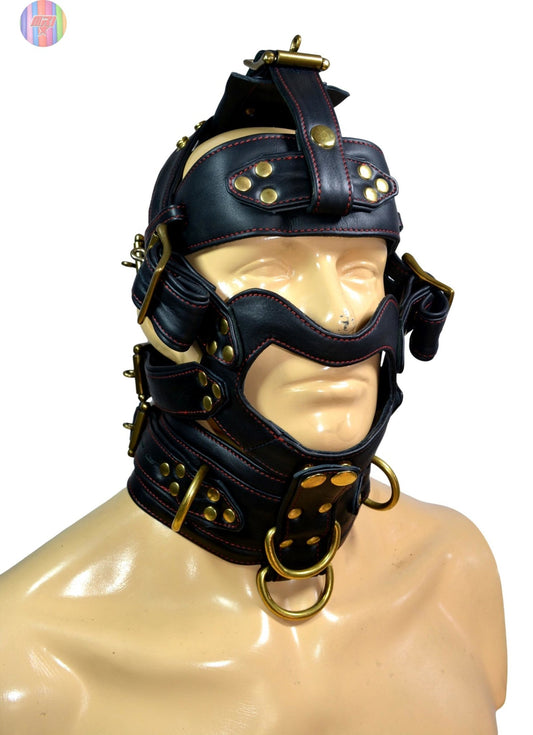 Black Leather Dog Muzzle Hood with Spikes & Brass Hardware Adjustable Puppy Play Mask - MRI Leathers