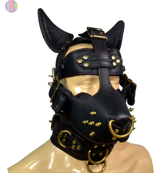 Black Leather Dog Muzzle Hood with Spikes & Brass Hardware Adjustable Puppy Play Mask - MRI Leathers
