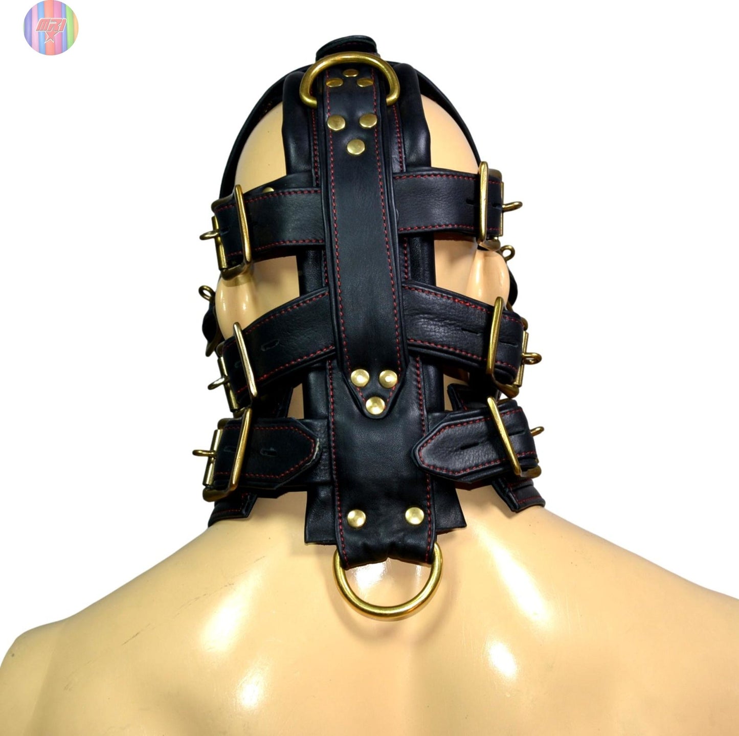 Black Leather Dog Muzzle Hood with Spikes & Brass Hardware Adjustable Puppy Play Mask - MRI Leathers