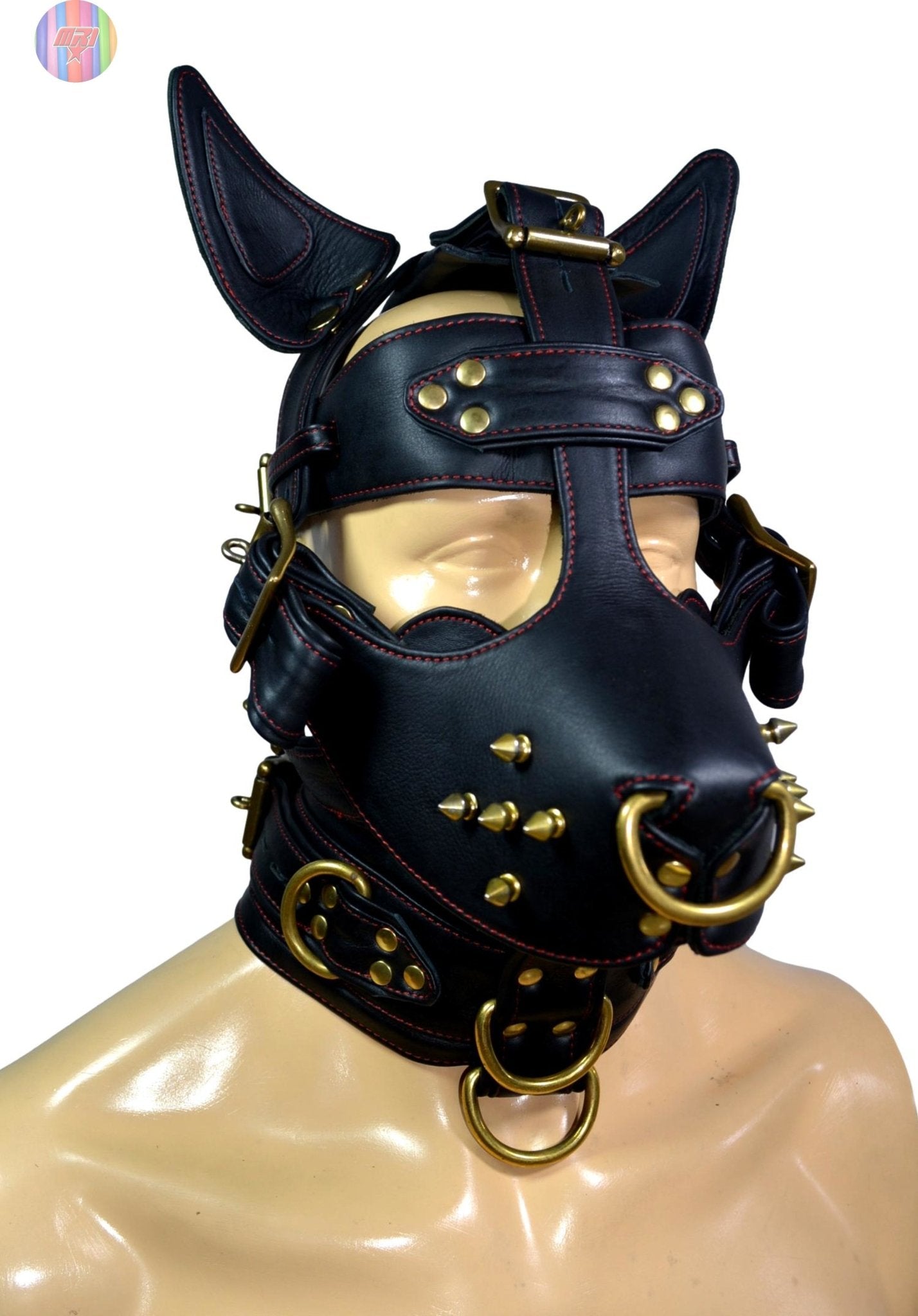 Black Leather Dog Muzzle Hood with Spikes & Brass Hardware Adjustable Puppy Play Mask - MRI Leathers
