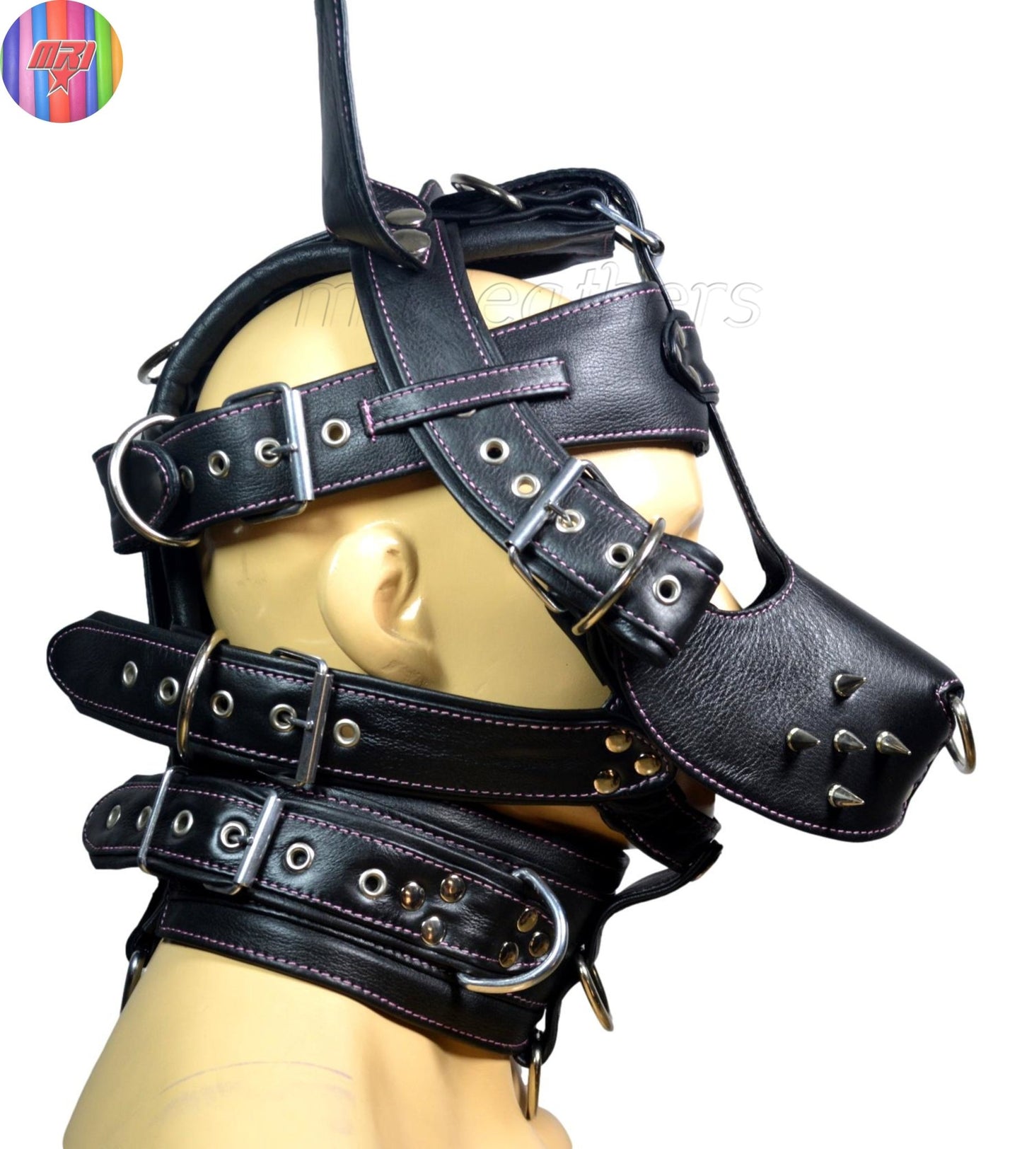 Black Leather Dog Muzzle Hood with Spikes & Silver Hardware Adjustable Puppy Play Mask - MRI Leathers