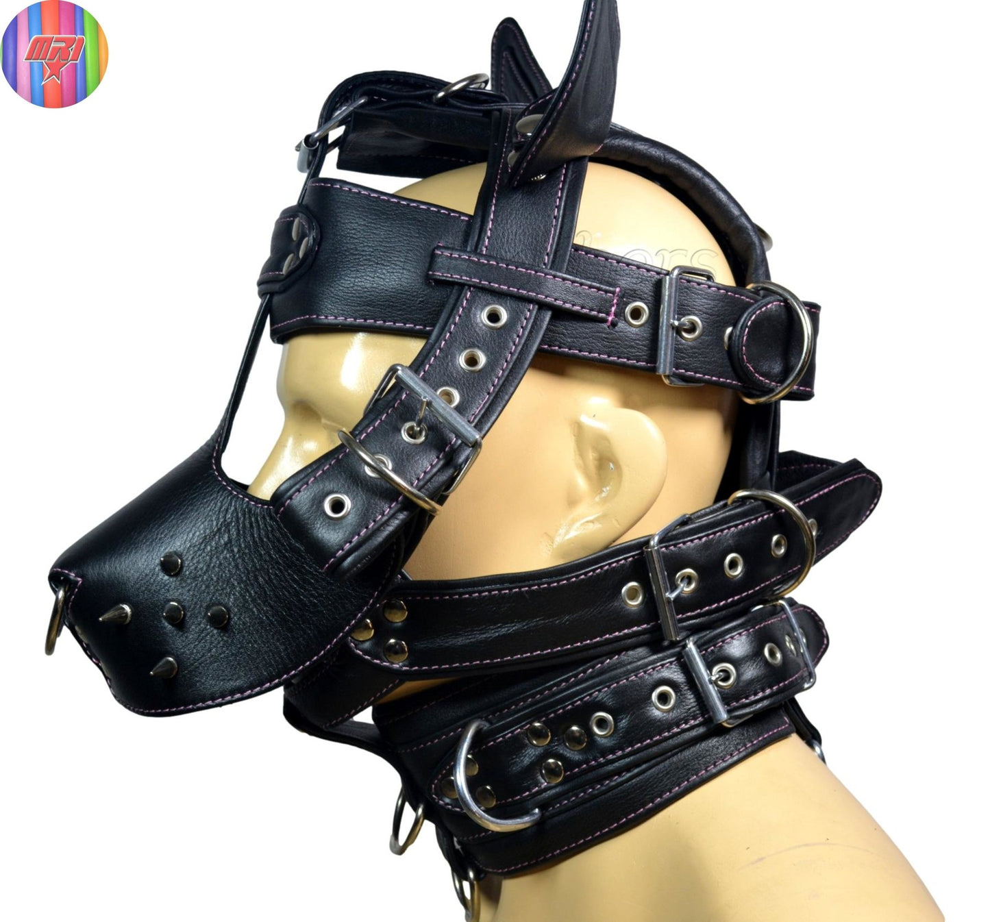 Black Leather Dog Muzzle Hood with Spikes & Silver Hardware Adjustable Puppy Play Mask - MRI Leathers