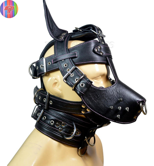Black Leather Dog Muzzle Hood with Spikes & Silver Hardware Adjustable Puppy Play Mask - MRI Leathers