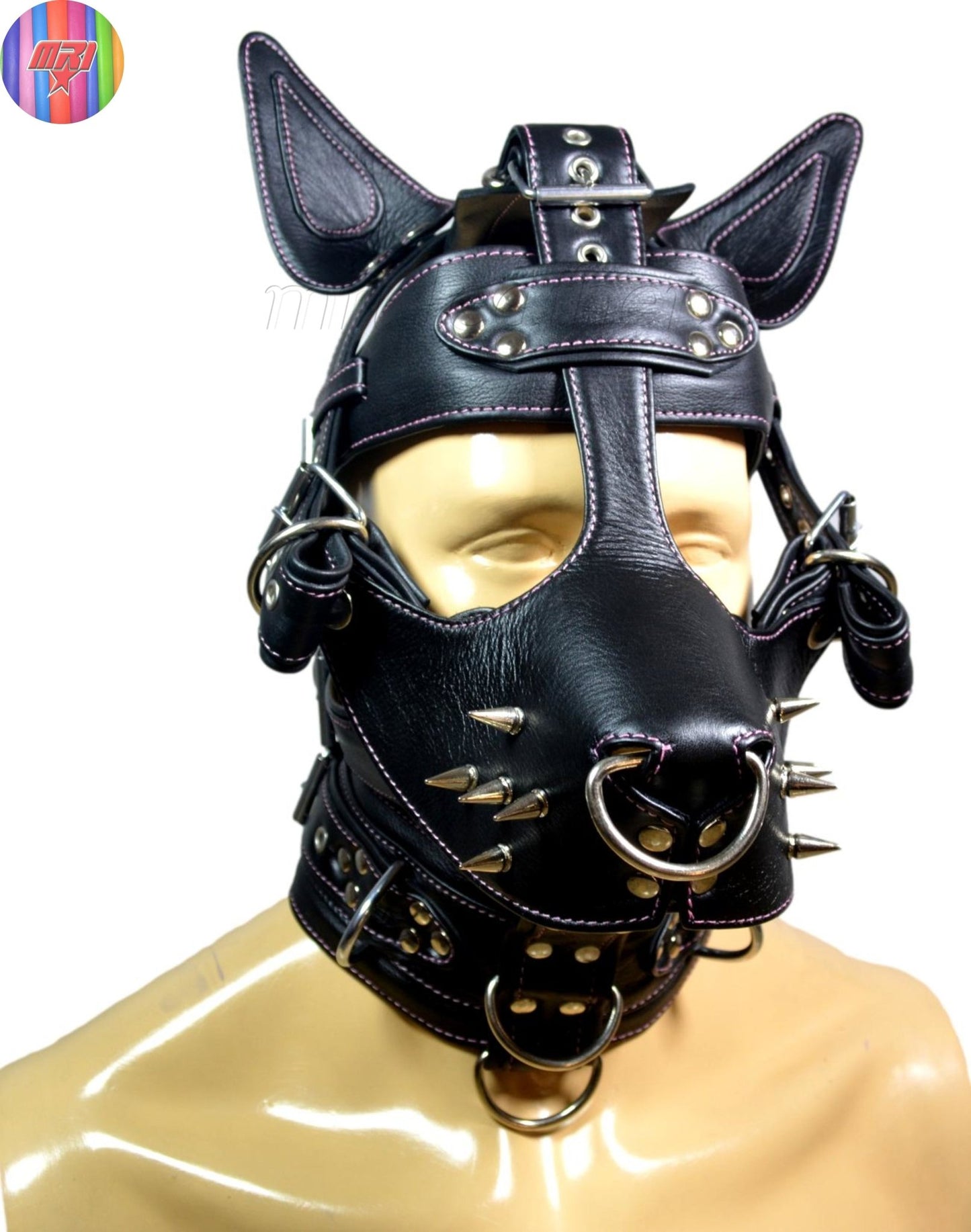 Black Leather Dog Muzzle Hood with Spikes & Silver Hardware Adjustable Puppy Play Mask - MRI Leathers