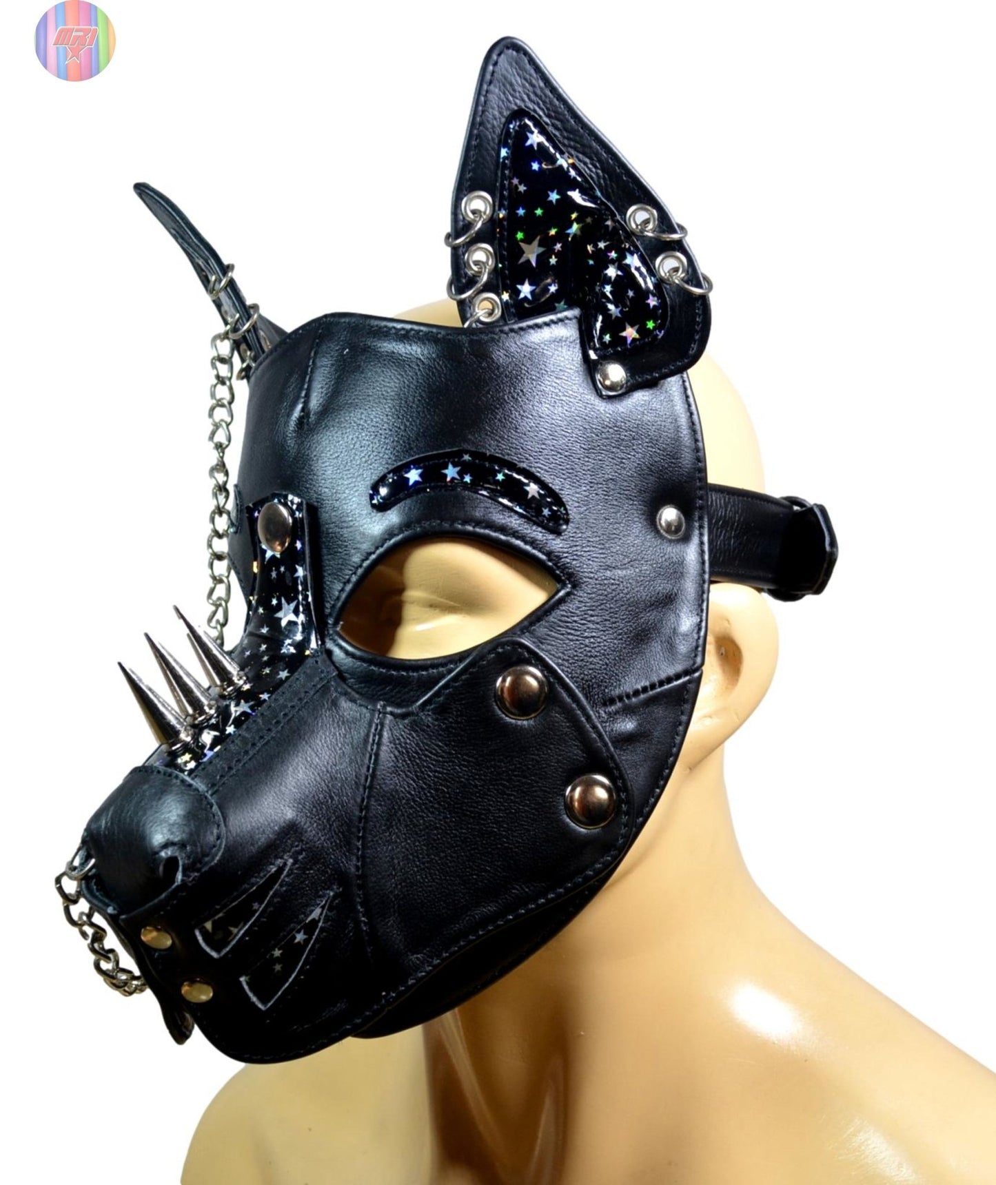 Black Leather Puppy Hood with Spikes & Chains – Adjustable Dog Mask with Star Print Ears for Cosplay, Pet Play, and Roleplay - MRI Leathers