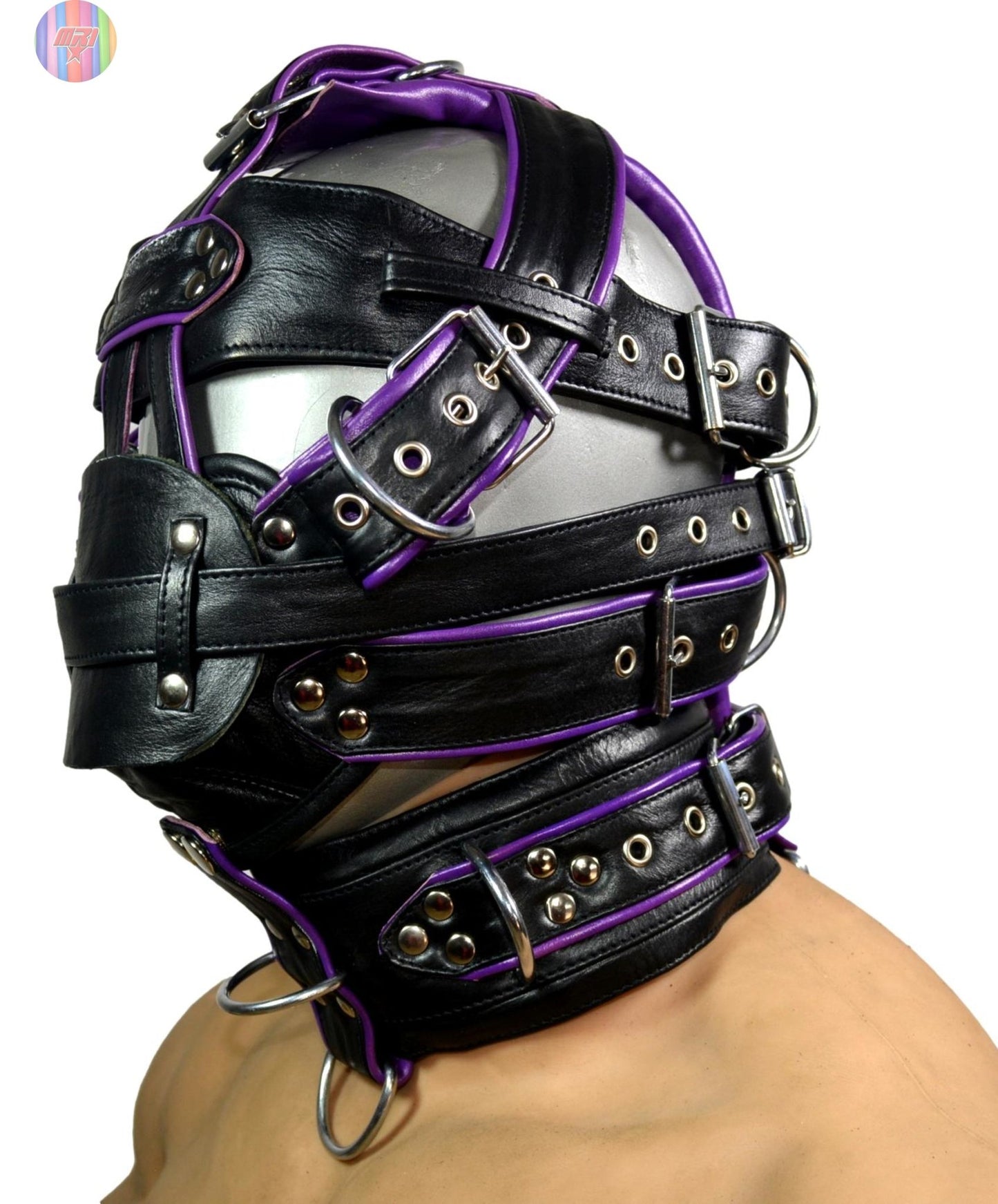 Black & Purple Leather Gag Muzzle Hood – Full Head Harness with Locking Buckles and D - Rings for BDSM Bondage Play - MRI Leathers