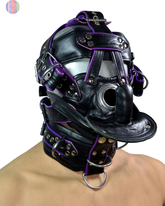 Black & Purple Leather Gag Muzzle Hood – Full Head Harness with Locking Buckles and D - Rings for BDSM Bondage Play - MRI Leathers