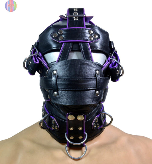 Black & Purple Leather Gag Muzzle Hood – Full Head Harness with Locking Buckles and D - Rings for BDSM Bondage Play - MRI Leathers