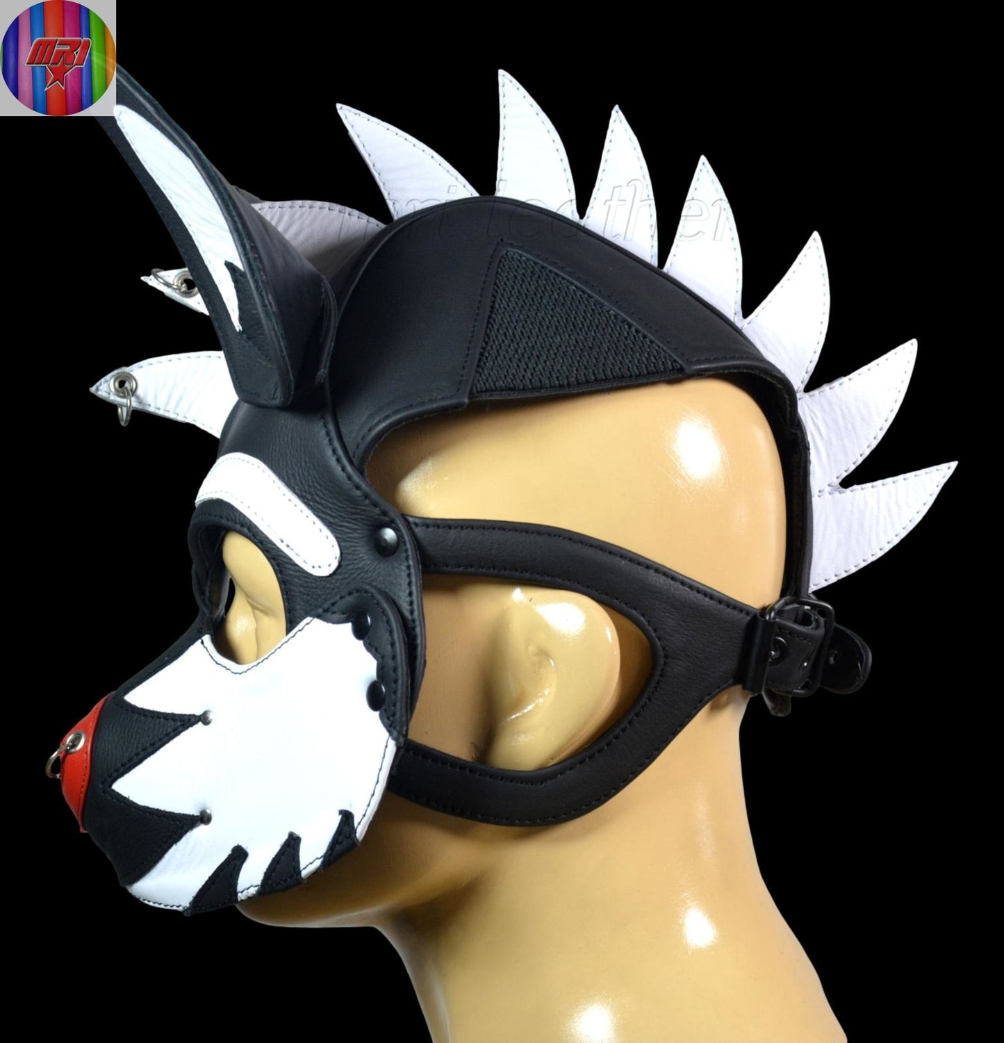 Black & White Leather Puppy Hood with Mohawk Handmade Dog Mask with Spikes and Large Ears - MRI Leathers
