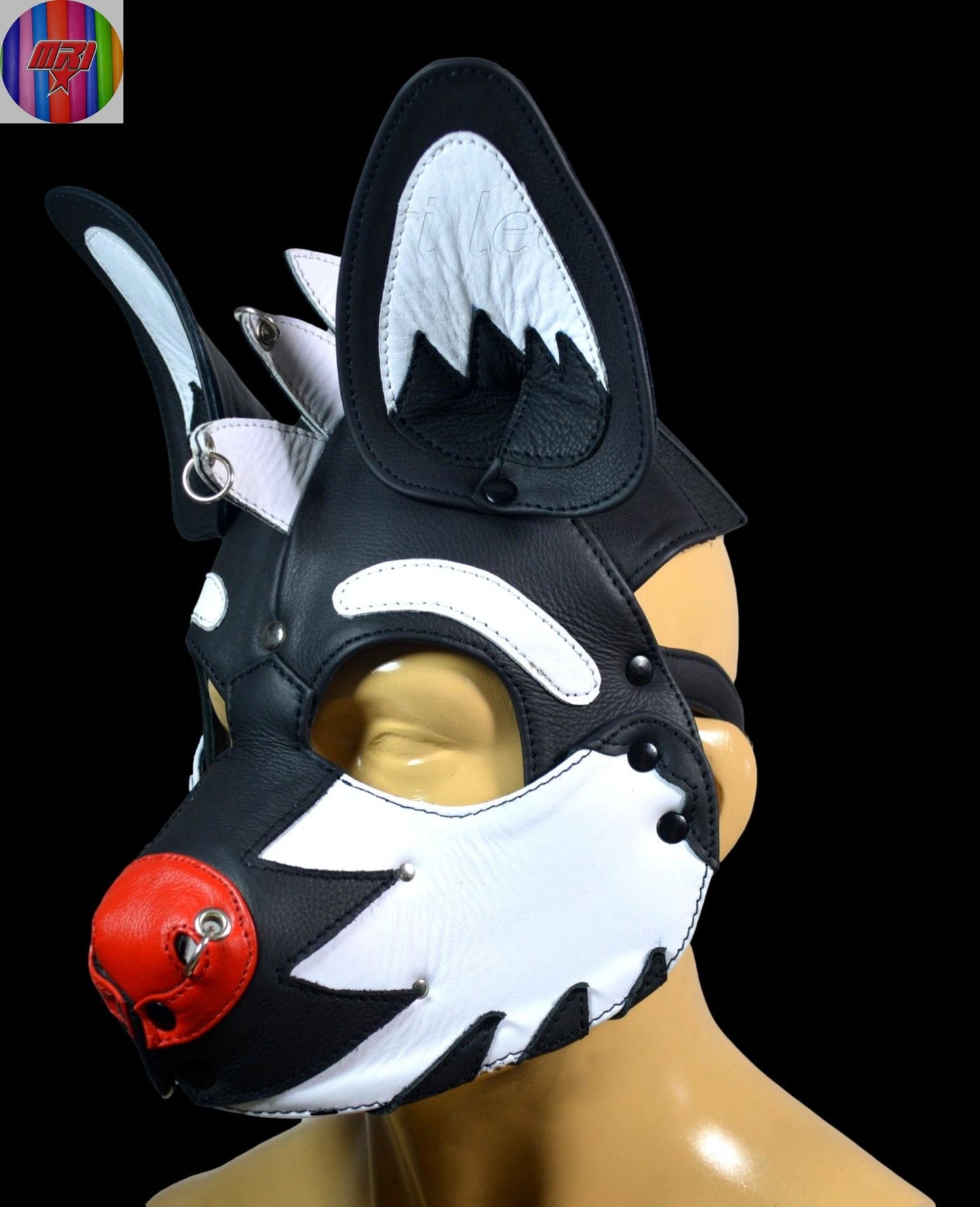 Black & White Leather Puppy Hood with Mohawk Handmade Dog Mask with Spikes and Large Ears - MRI Leathers