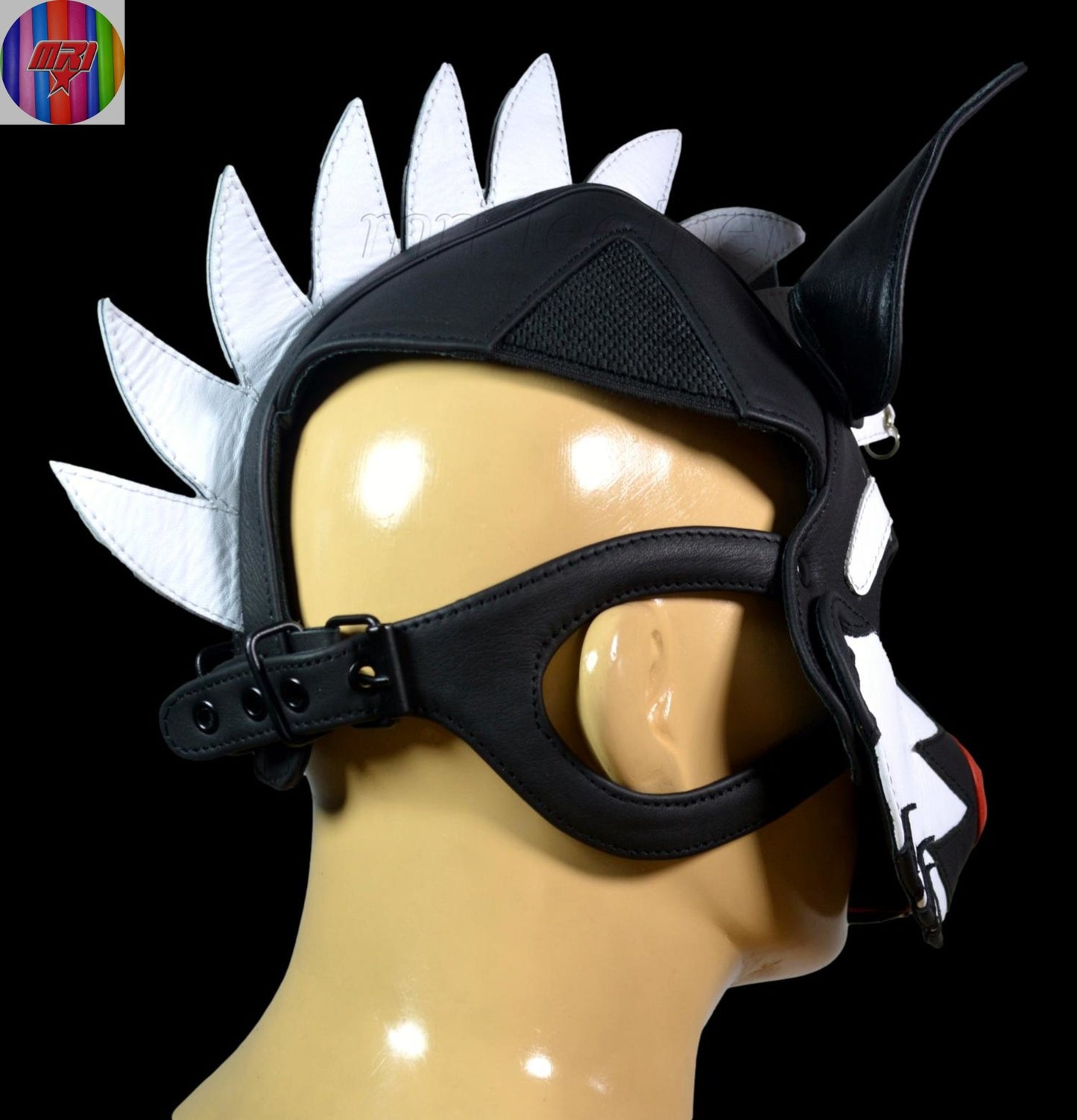 Black & White Leather Puppy Hood with Mohawk Handmade Dog Mask with Spikes and Large Ears - MRI Leathers