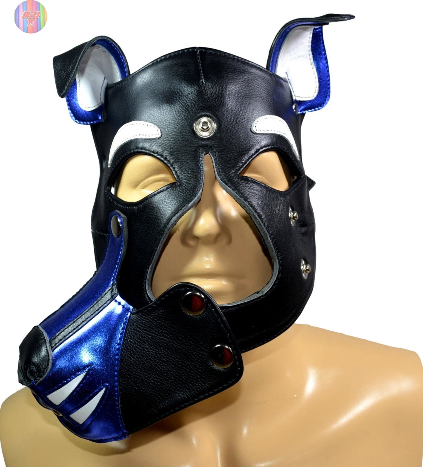 Blue and Black Leather Puppy Hood – Removable Muzzle Dog Mask for Pet Play, Cosplay & Roleplay – Adjustable Pup Hood with Metal Ear Support - MRI Leathers