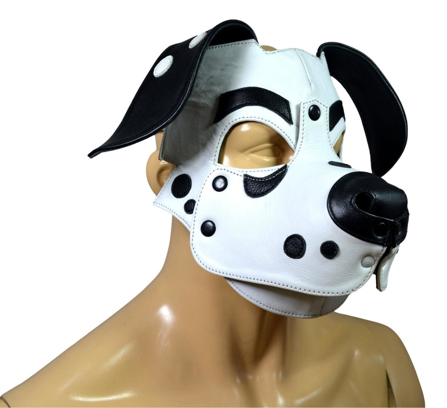 Dalmatian Leather Puppy Hood with floppy ears, black detailing, and adjustable strap for cosplay and roleplay.