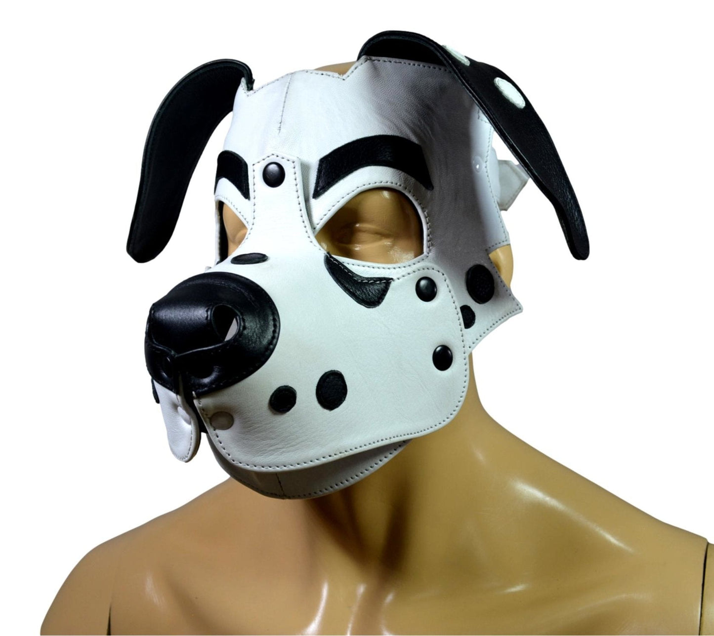 Dalmatian Leather Puppy Hood in black and white with floppy ears and removable muzzle for cosplay and pet play.