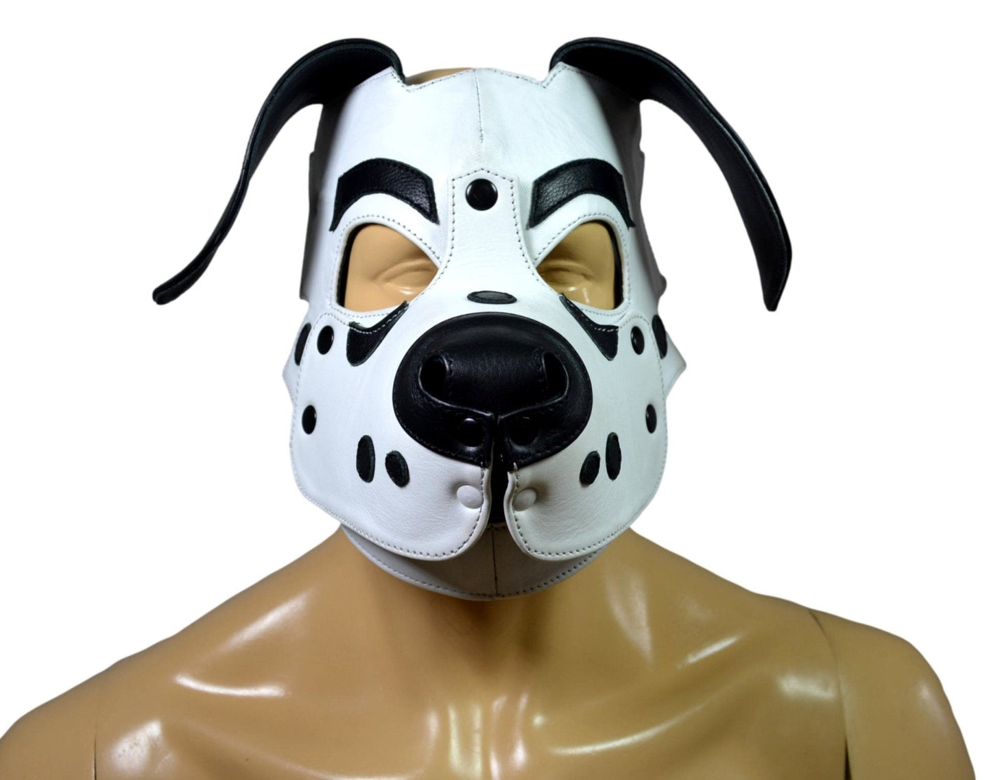 Dalmatian Leather Puppy Hood with floppy ears and removable muzzle for cosplay and pet play.