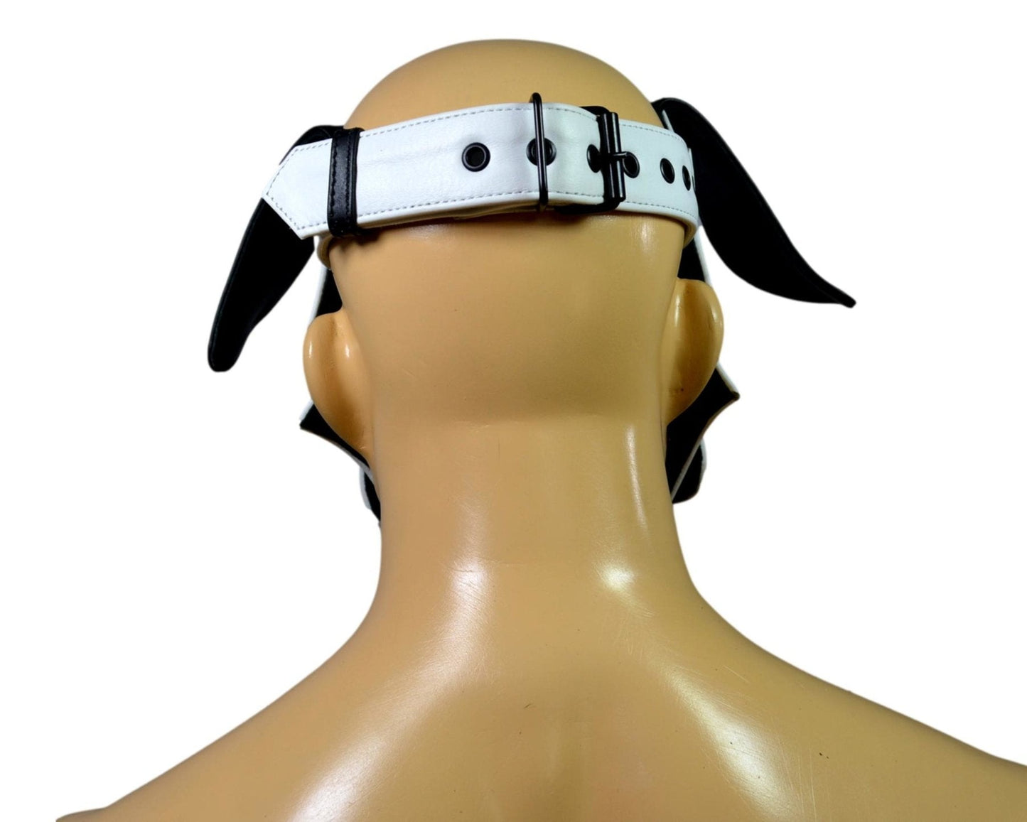 Dalmatian Leather Puppy Hood with adjustable strap and floppy ears, back view.