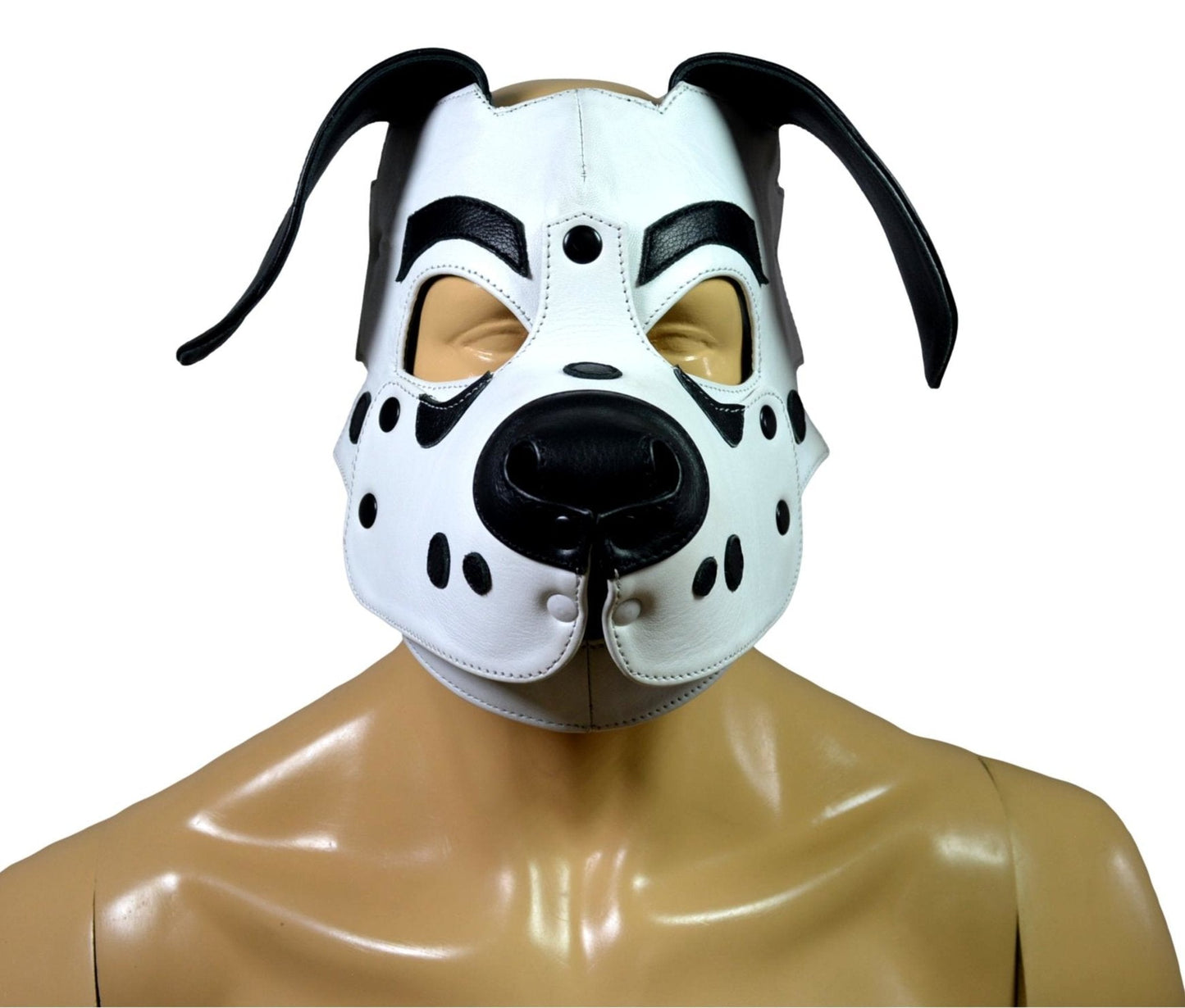 Dalmatian Leather Puppy Hood with black and white design, floppy ears, and removable muzzle.