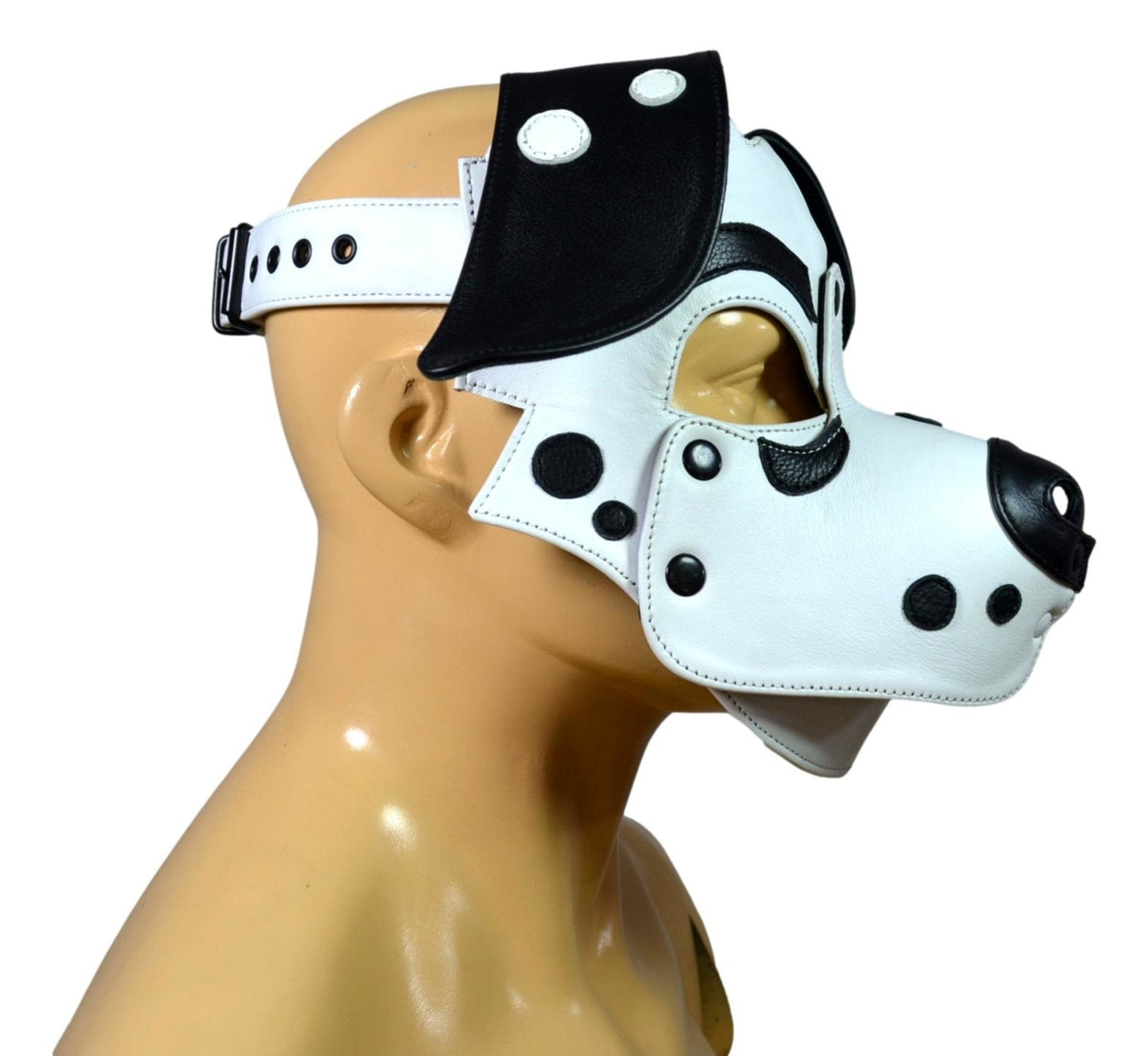 Dalmatian Leather Puppy Hood in black and white with floppy ears and adjustable strap.