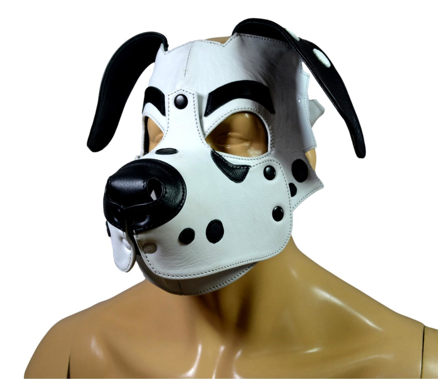 Dalmatian Leather Puppy Hood with floppy ears and spotted design for cosplay and pet play.