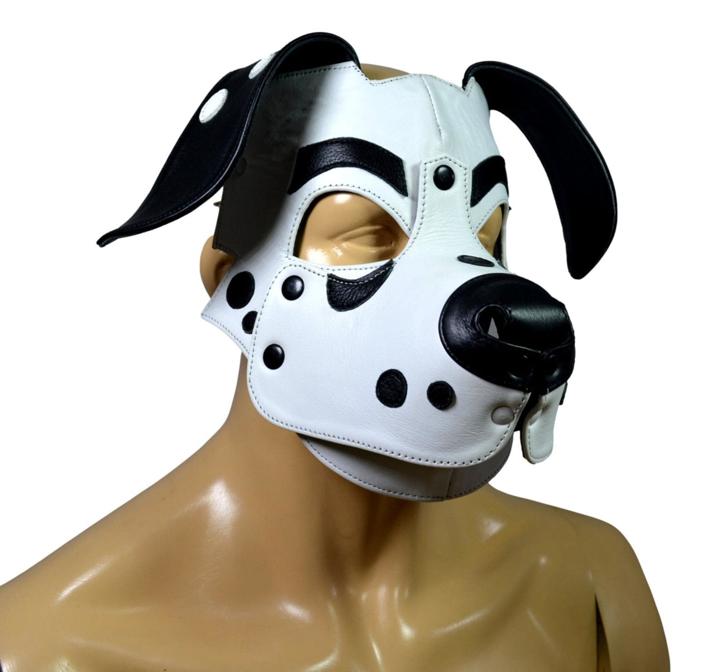 Dalmatian Leather Puppy Hood with black and white design, floppy ears, bold muzzle, ideal for cosplay and pet play.