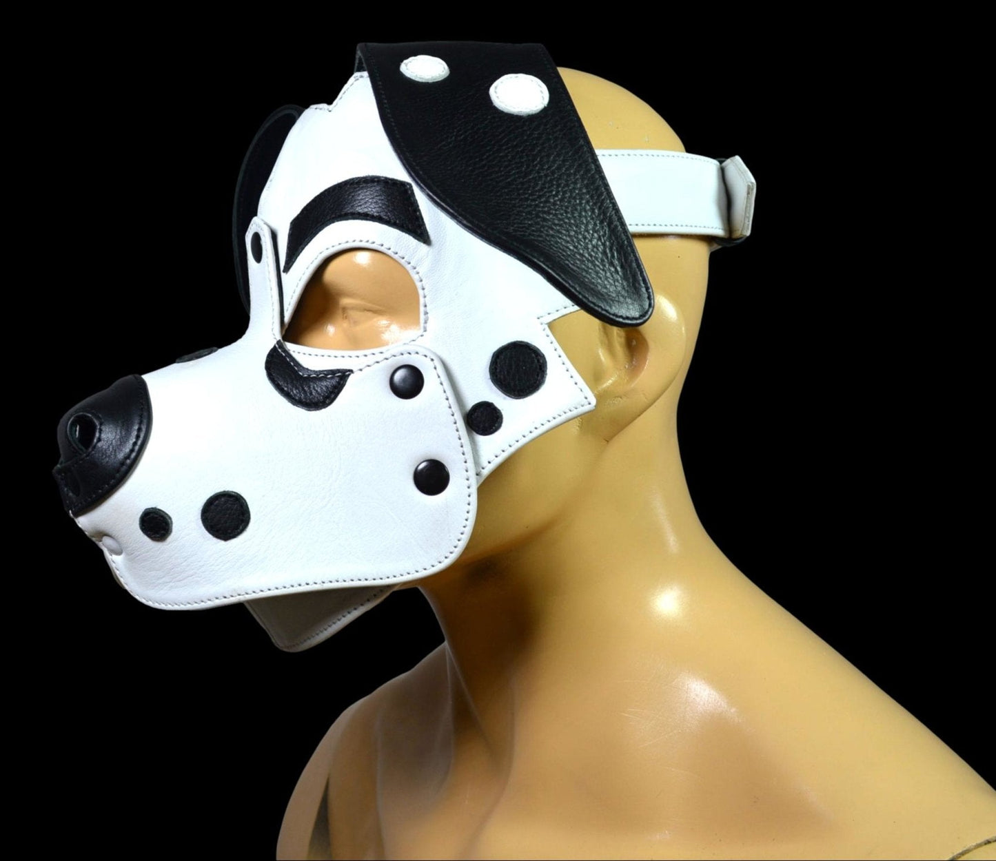 Dalmatian Leather Puppy Hood with floppy ears and adjustable strap, black and white design for cosplay and roleplay.