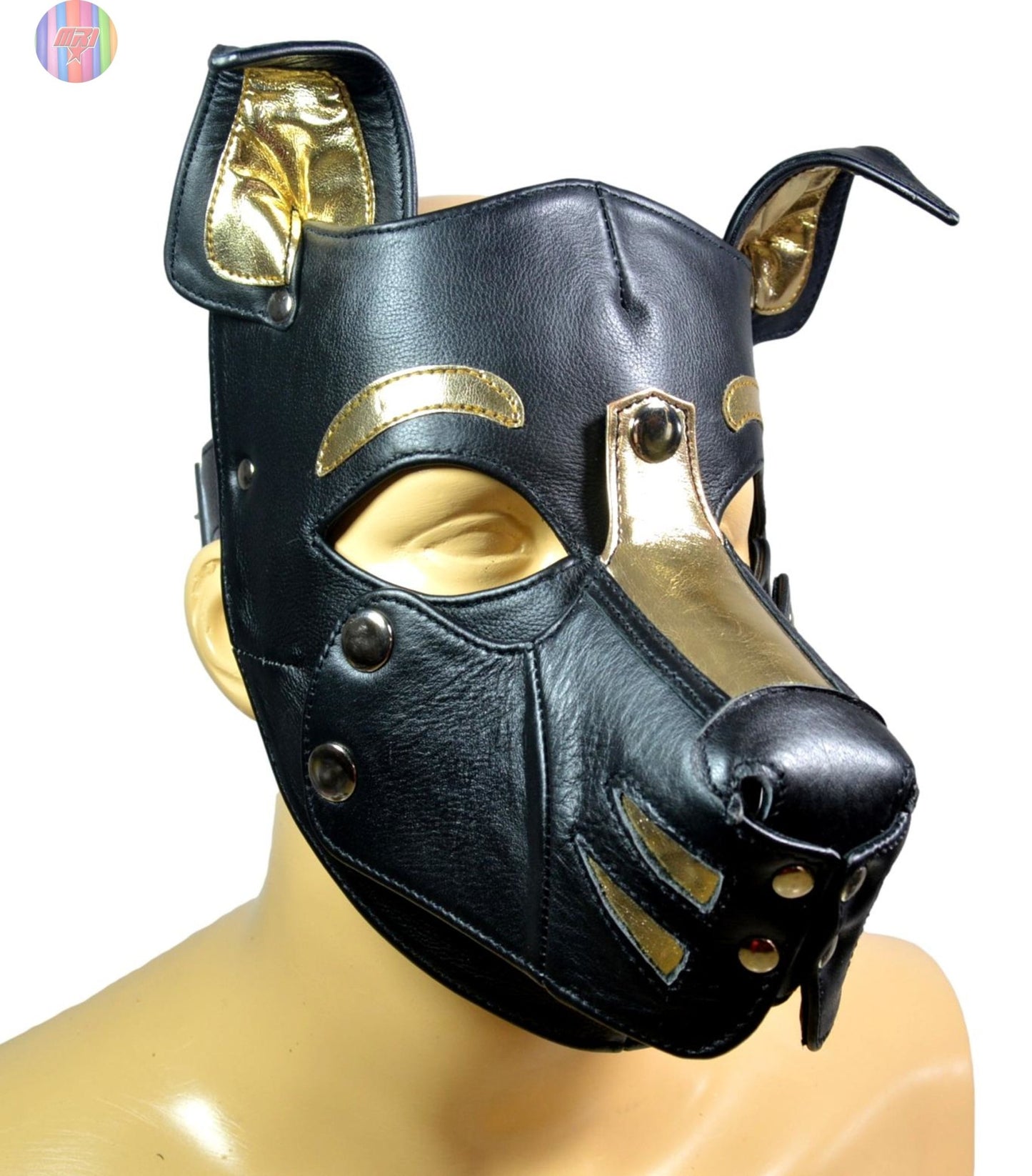 Gold and Black Leather Puppy Hood – Removable Muzzle Dog Mask for Pet Play, Cosplay & Roleplay – Adjustable Pup Hood with Metal Ear Support - MRI Leathers