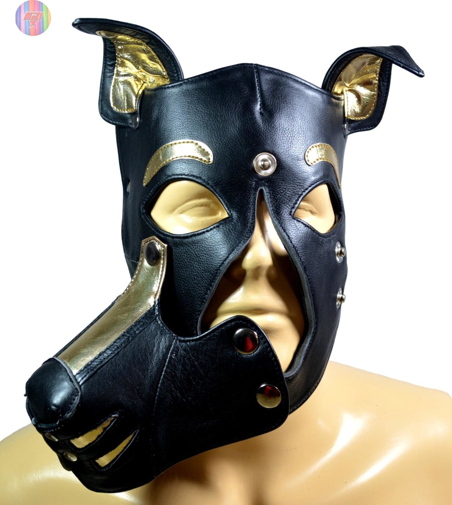 Gold and Black Leather Puppy Hood – Removable Muzzle Dog Mask for Pet Play, Cosplay & Roleplay – Adjustable Pup Hood with Metal Ear Support - MRI Leathers