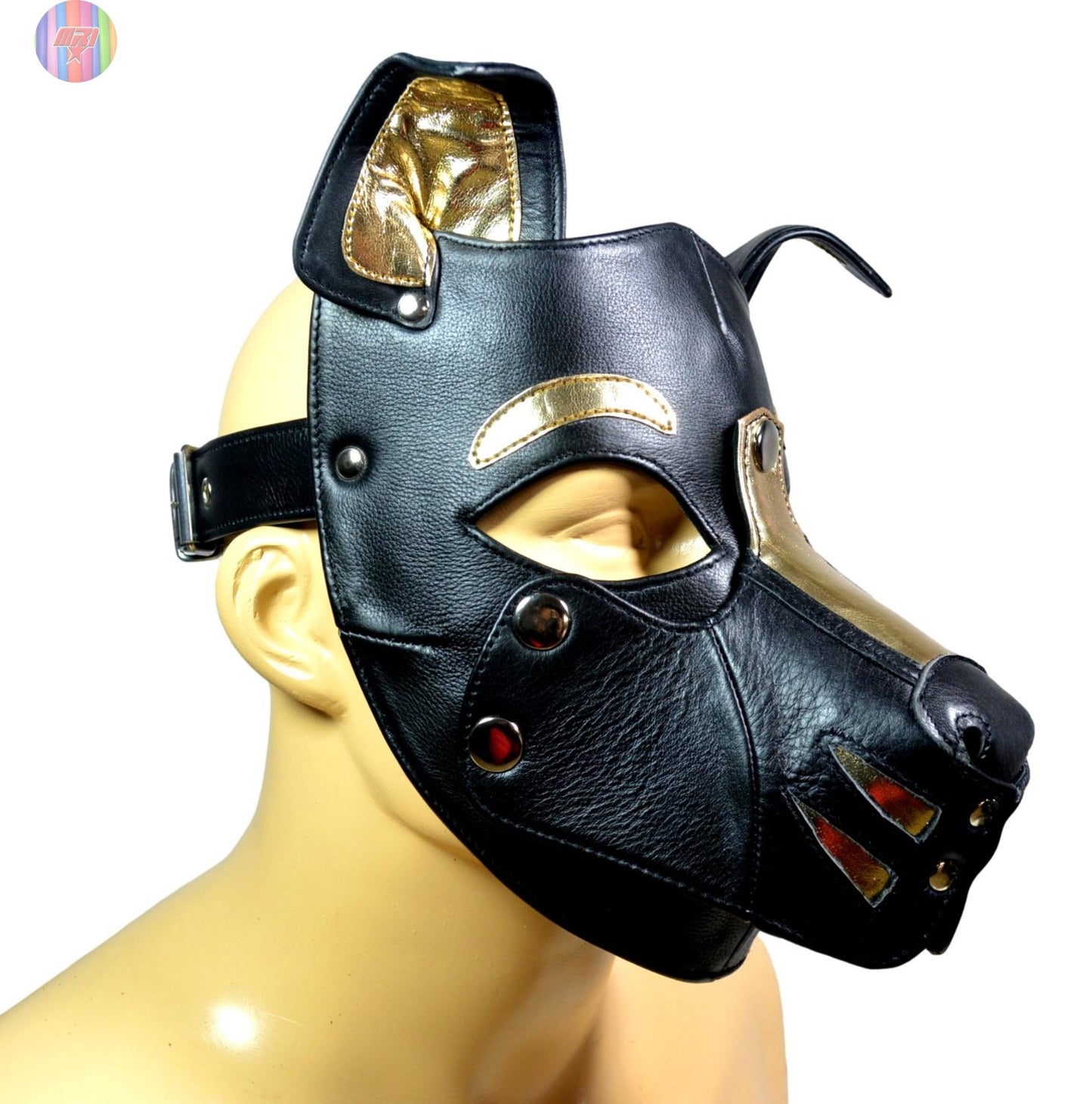Gold and Black Leather Puppy Hood – Removable Muzzle Dog Mask for Pet Play, Cosplay & Roleplay – Adjustable Pup Hood with Metal Ear Support - MRI Leathers