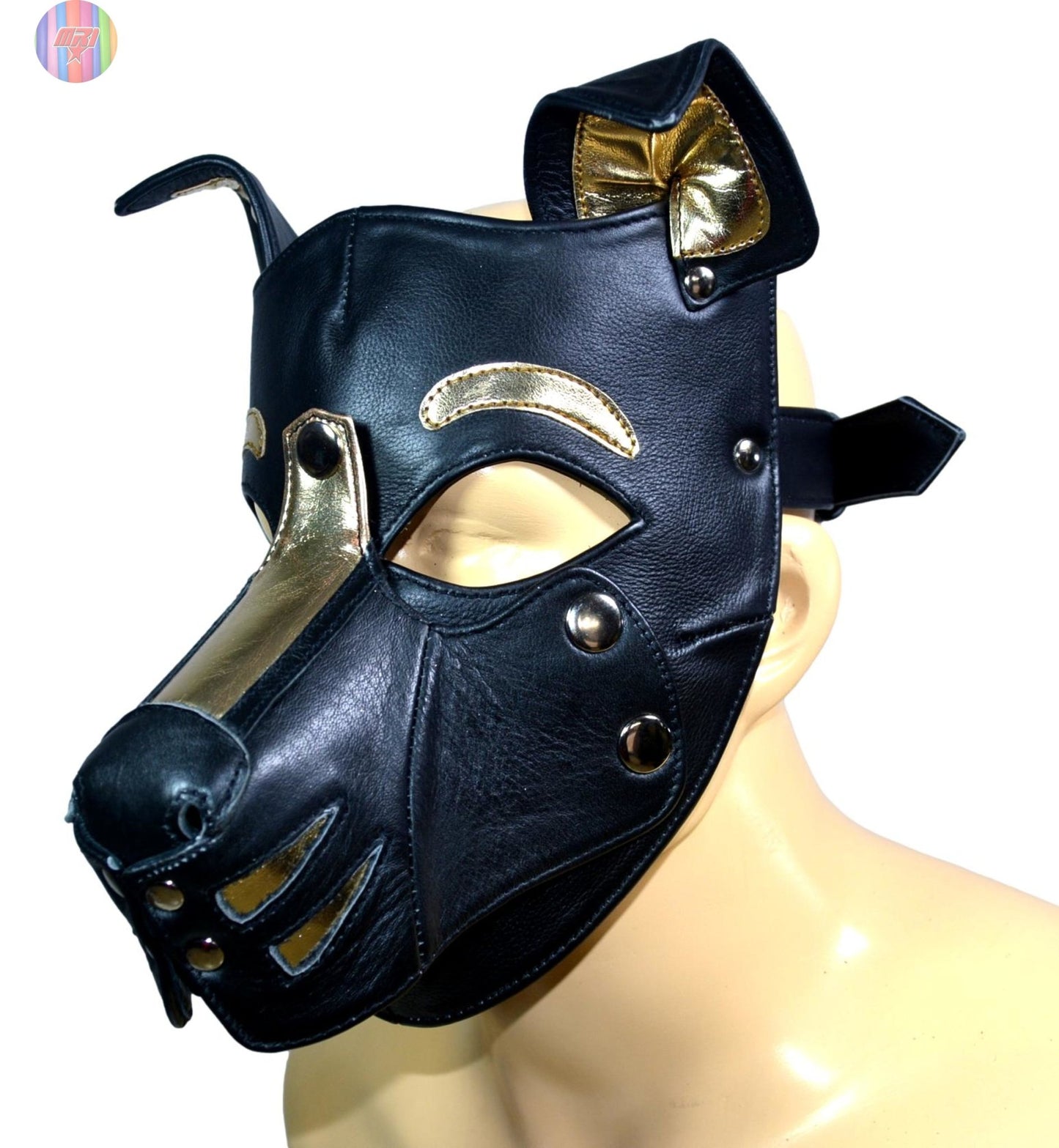 Gold and Black Leather Puppy Hood – Removable Muzzle Dog Mask for Pet Play, Cosplay & Roleplay – Adjustable Pup Hood with Metal Ear Support - MRI Leathers