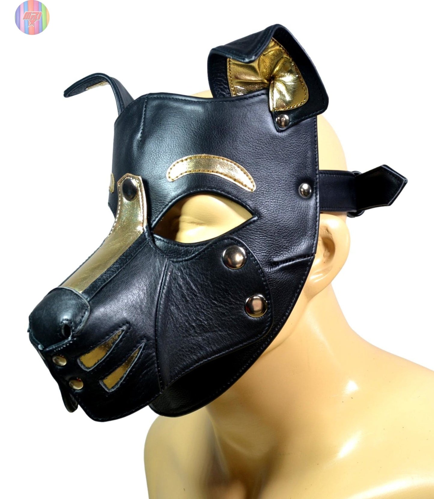 Gold and Black Leather Puppy Hood – Removable Muzzle Dog Mask for Pet Play, Cosplay & Roleplay – Adjustable Pup Hood with Metal Ear Support - MRI Leathers