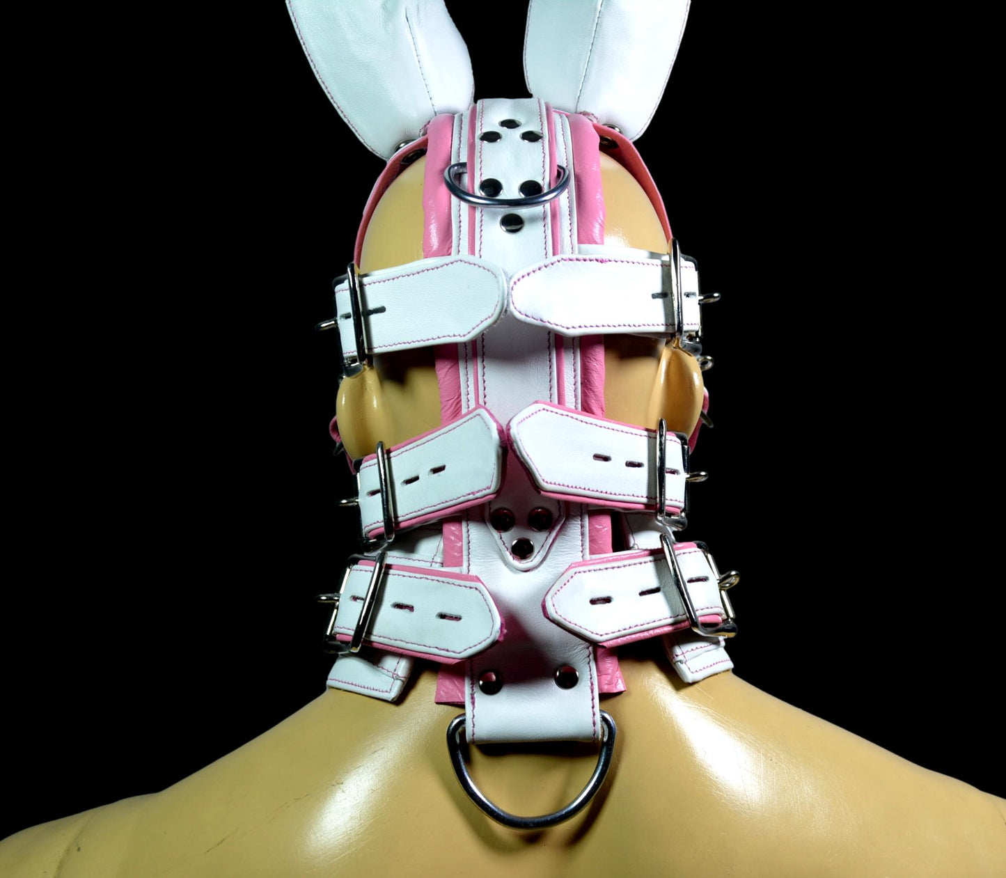 Leather Bunny Rabbit Pet Play Hood – White & Purple Stitching with Locking Buckles - MRI Leathers