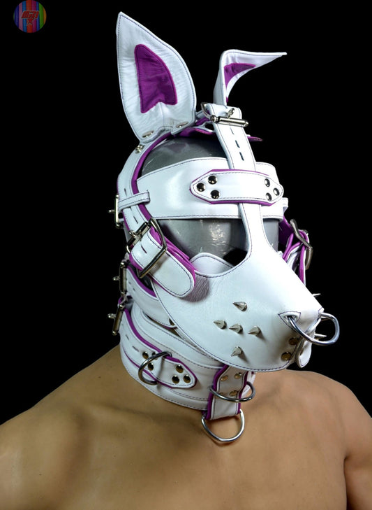 Leather Bunny Rabbit Pet Play Hood – White & Purple Stitching with Locking Buckles - MRI Leathers