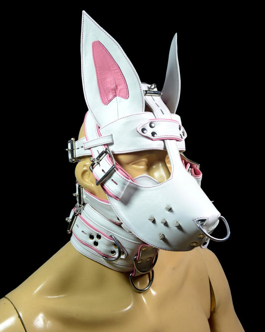 Leather Bunny Rabbit Pet Play Hood – White & Purple Stitching with Locking Buckles - MRI Leathers