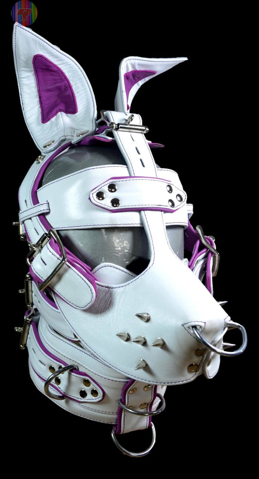 Leather Bunny Rabbit Pet Play Hood – White & Purple Stitching with Locking Buckles - MRI Leathers