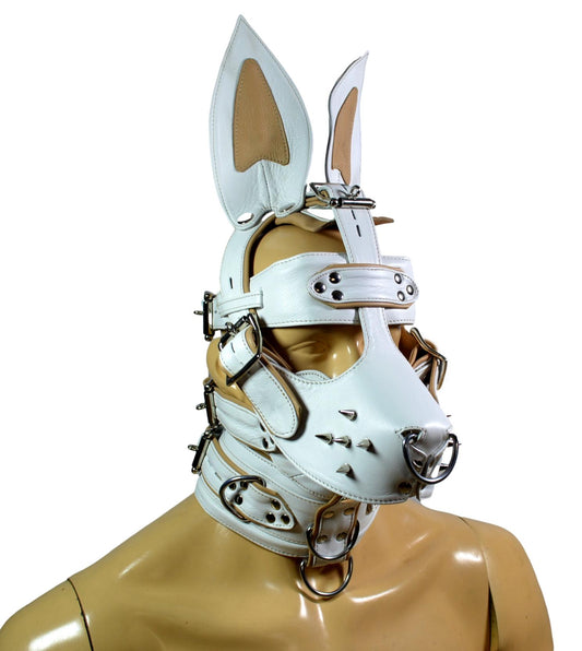Leather Bunny Rabbit Pet Play Hood – White & Purple Stitching with Locking Buckles - MRI Leathers