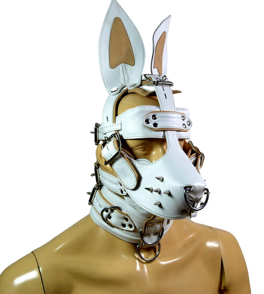 Leather Bunny Rabbit Pet Play Hood – White & Purple Stitching with Locking Buckles - MRI Leathers