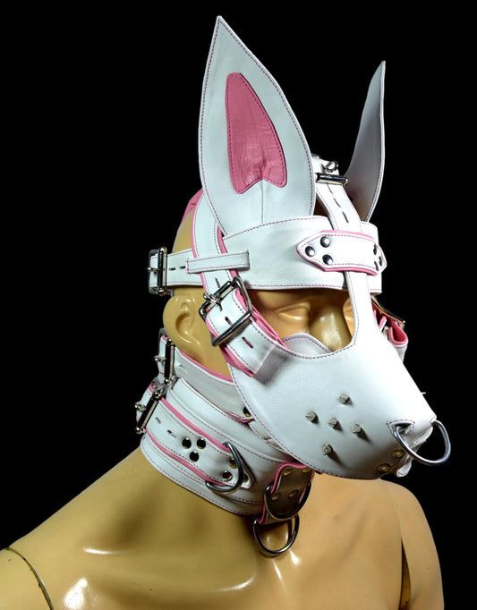 Leather Bunny Rabbit Pet Play Hood – White & Purple Stitching with Locking Buckles - MRI Leathers