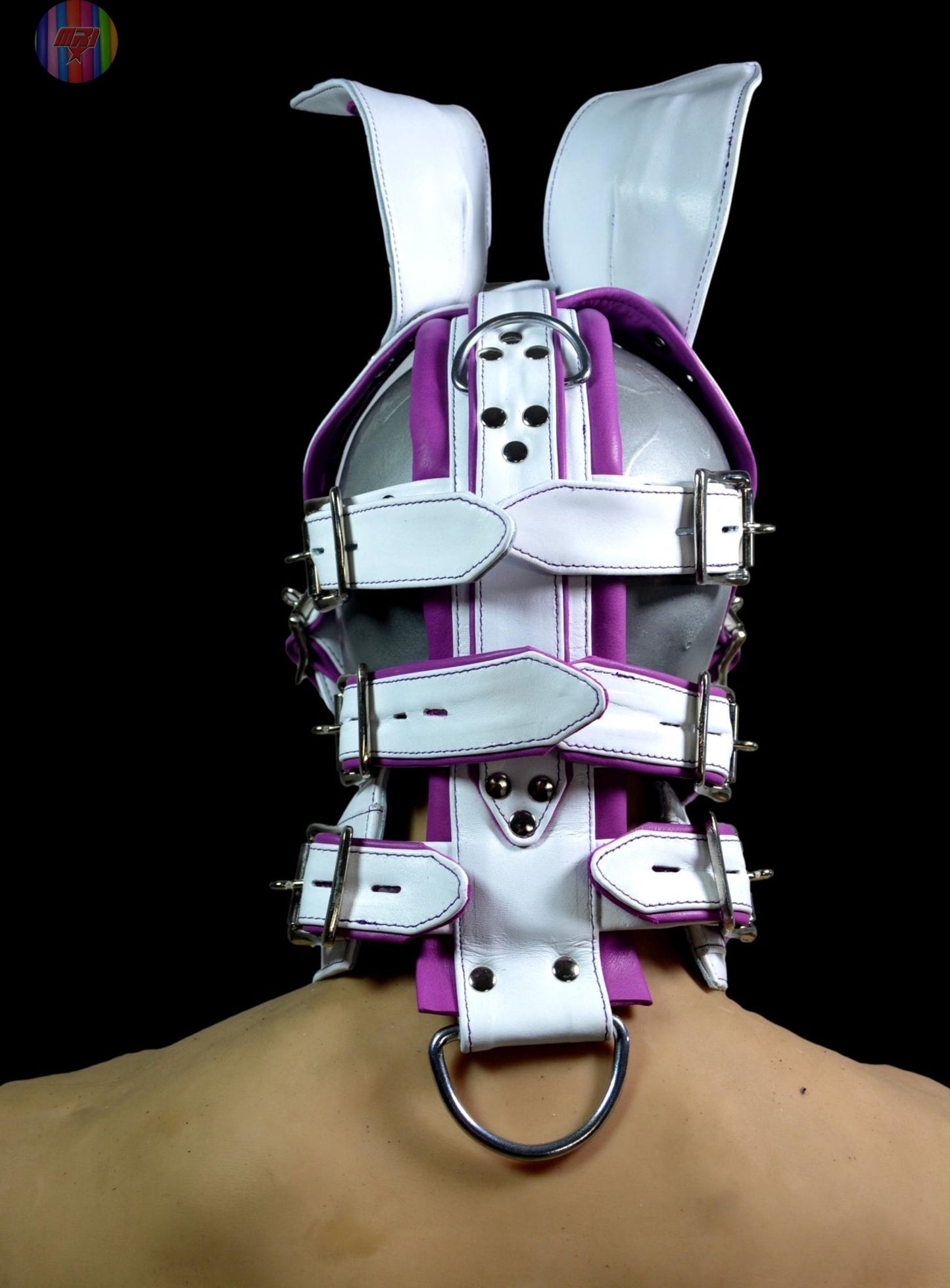 Leather Bunny Rabbit Pet Play Hood – White & Purple Stitching with Locking Buckles - MRI Leathers