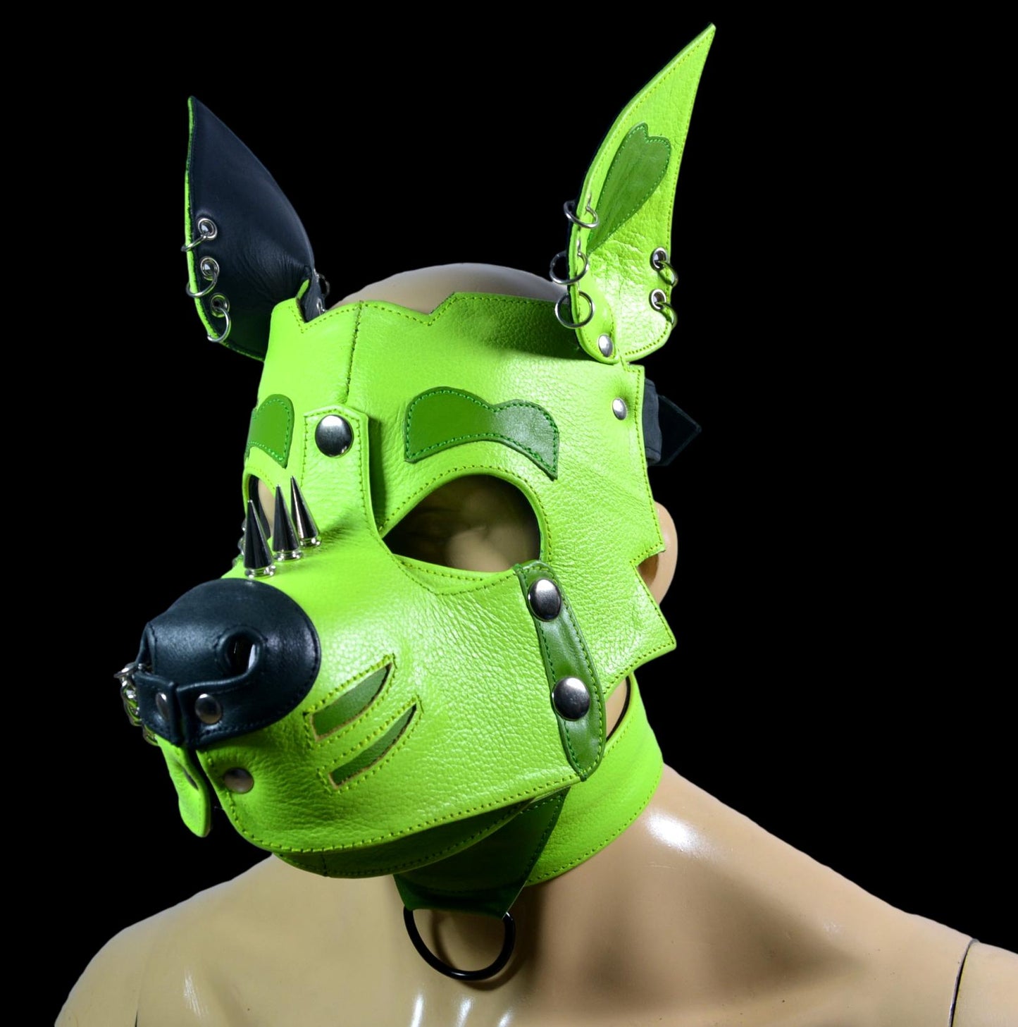 Leather Dog Mask With Spikes and Rings Leather Puppy Mask Puppy Mask Kink Puppy Hood Puppy play - MRI Leathers