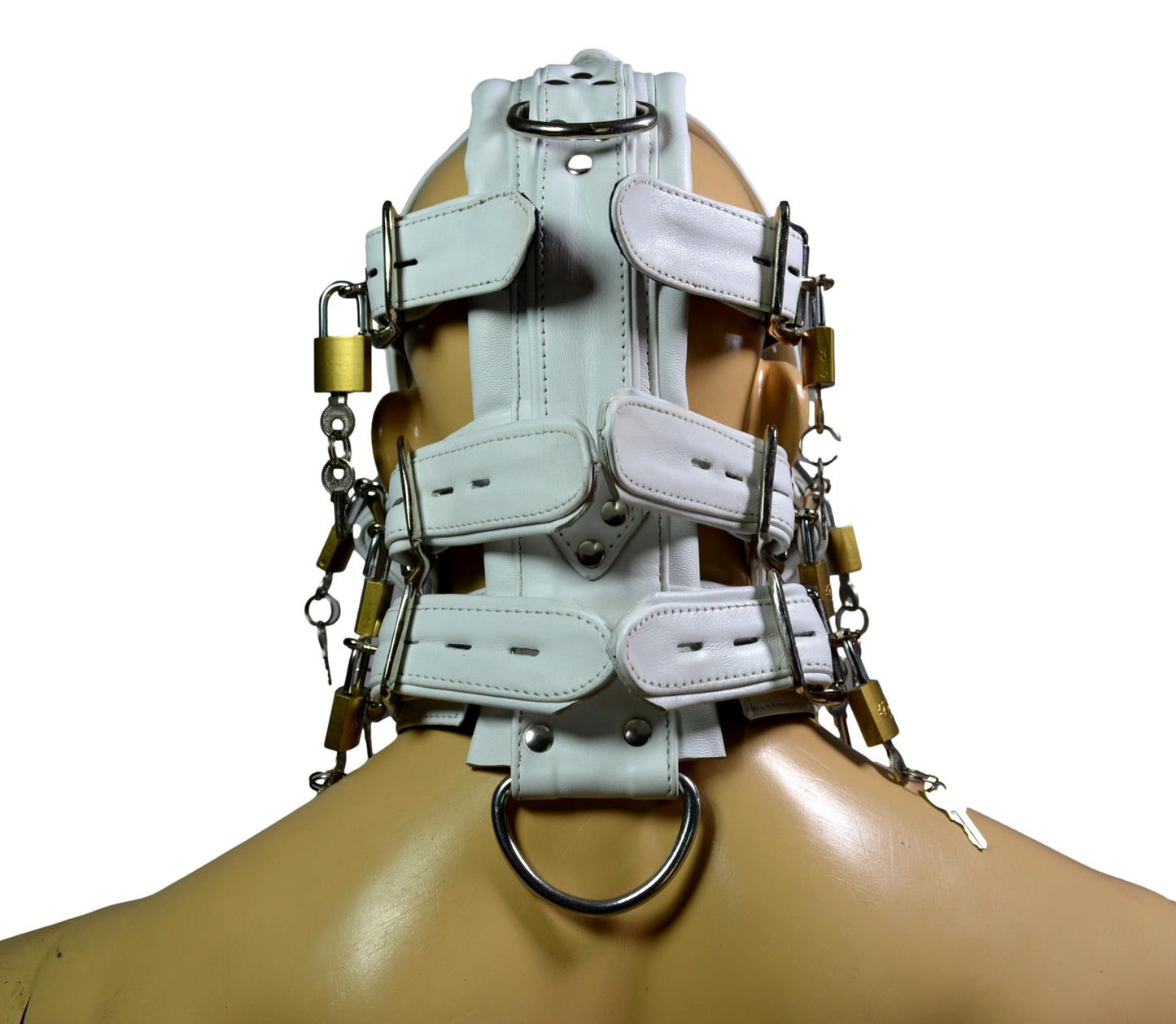 White leather gear face hood with locking buckles and chains, featuring multiple D-rings for bondage use.