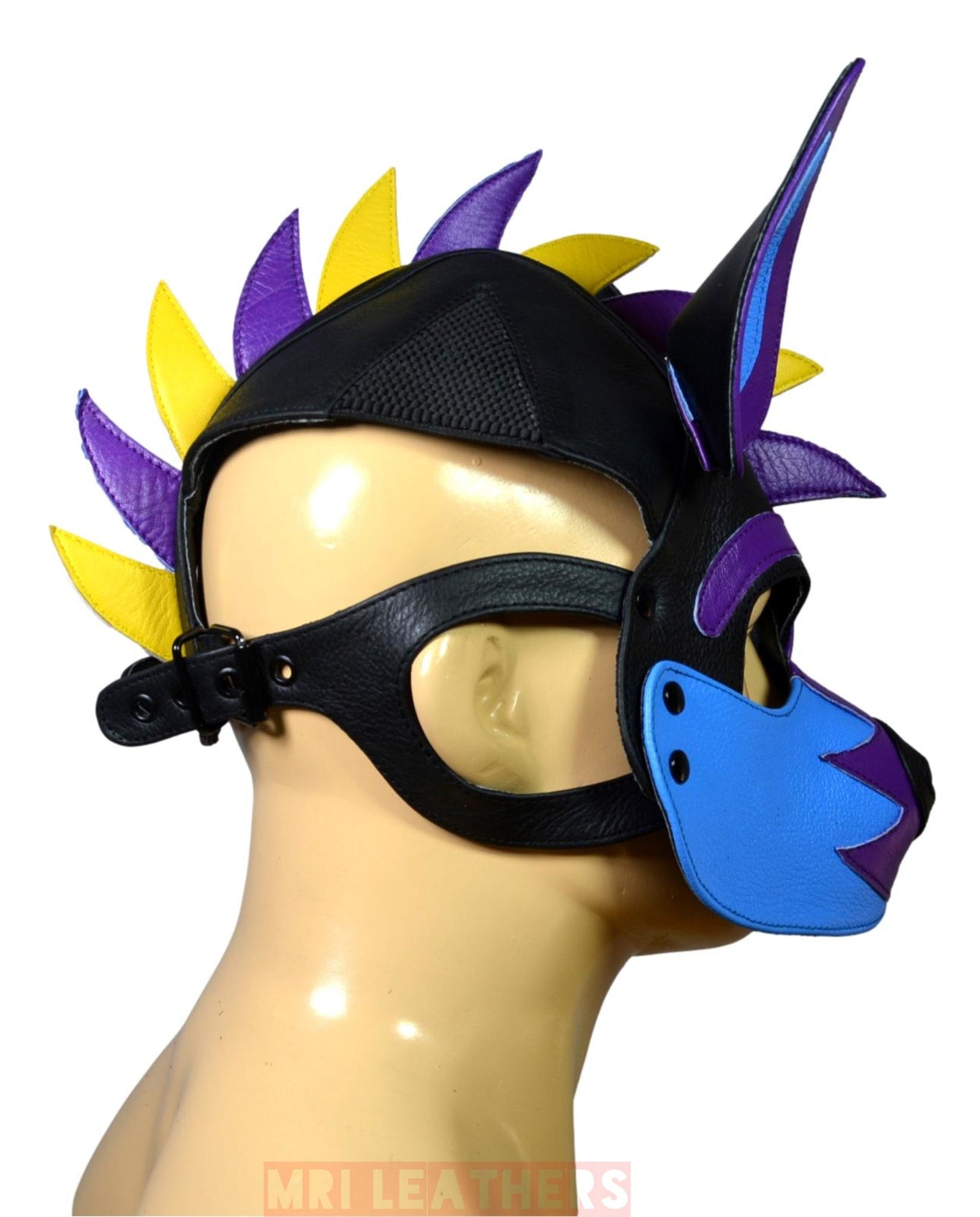 Leather Puppy Mask Hood Human puppy Flame on Head Blue Orange White - MRI Leathers