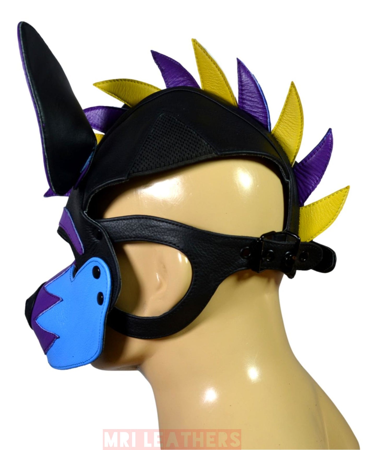 Leather Puppy Mask Hood Human puppy Flame on Head Blue Orange White - MRI Leathers