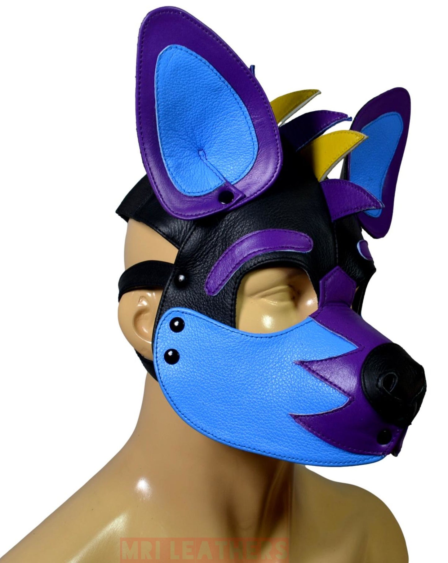 Leather Puppy Mask Hood Human puppy Flame on Head Blue Orange White - MRI Leathers