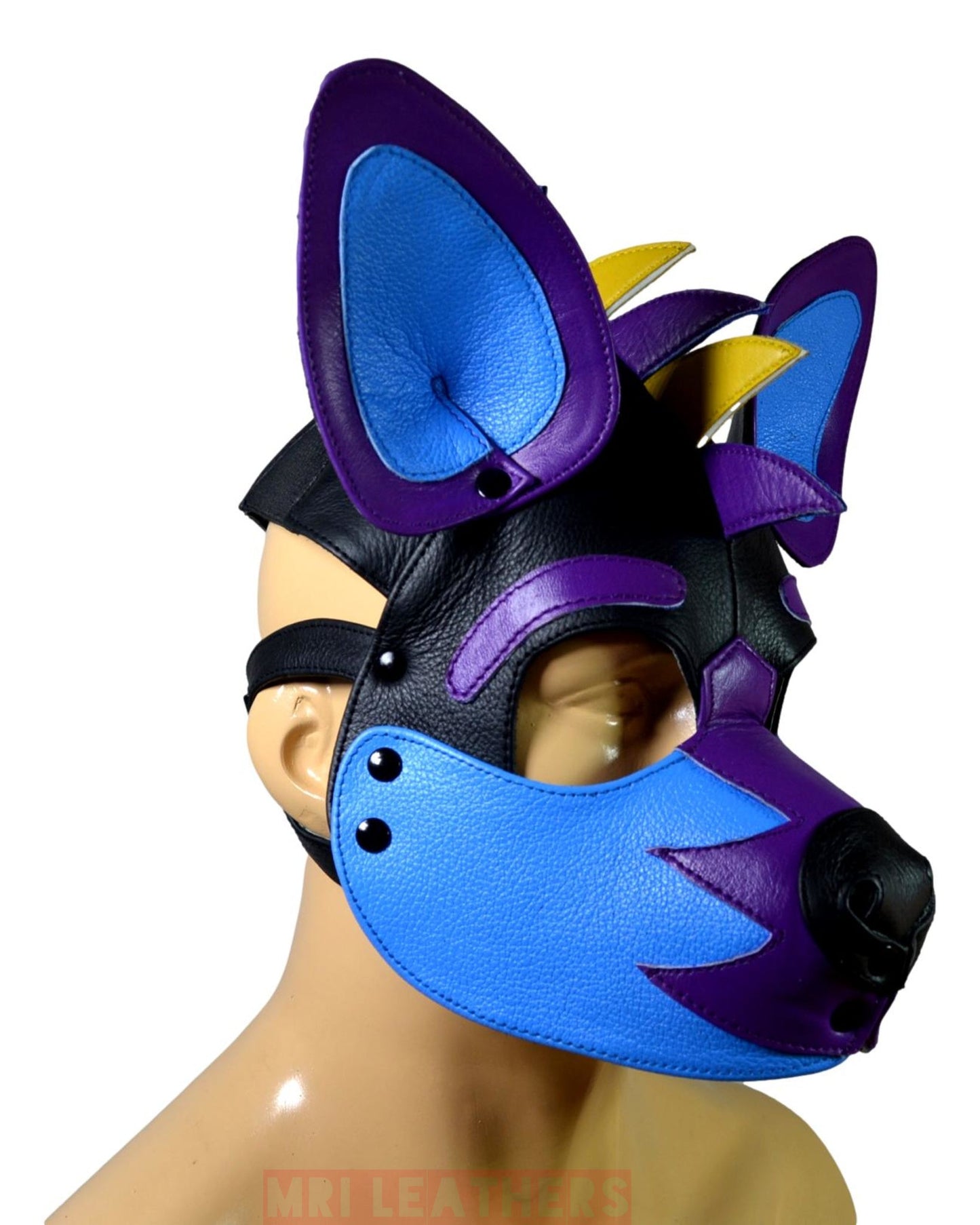 Leather Puppy Mask Hood Human puppy Flame on Head Blue Orange White - MRI Leathers
