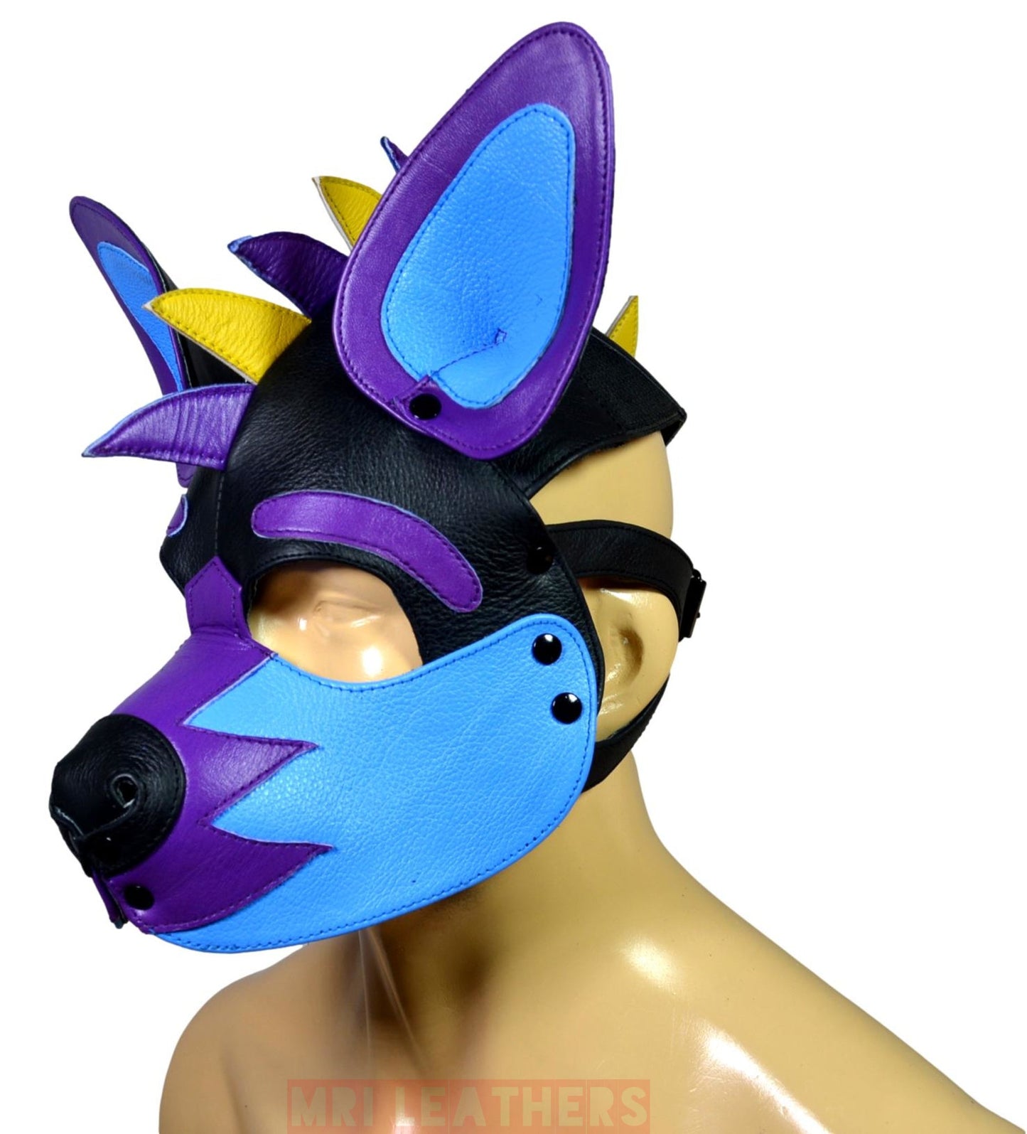 Leather Puppy Mask Hood Human puppy Flame on Head Blue Orange White - MRI Leathers